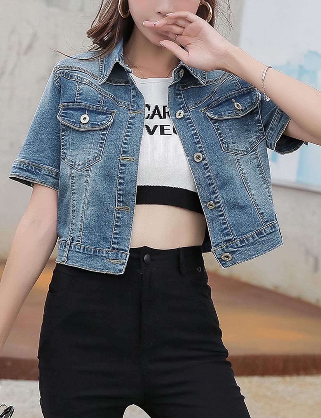 Omoone Women's Summer Short Sleeve Crop Denim Trucker Jacket Jean Coat Tops - Image 2