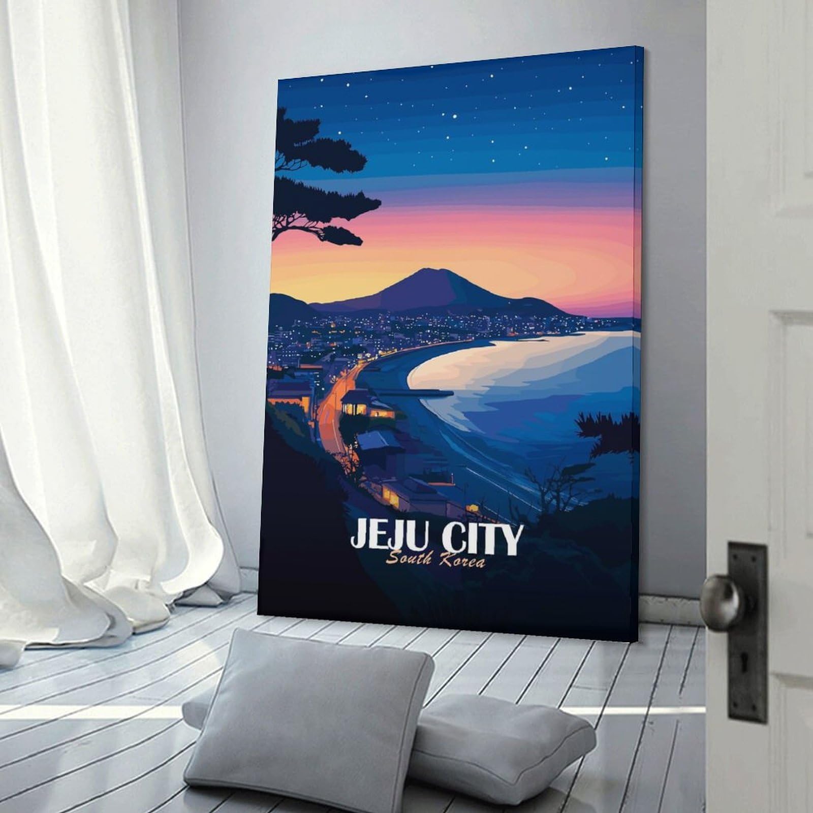 Junmoney Hanging Wall Art Jeju City South Korea at Dusk, 24x36inch(60x90cm), for Sofa Walls, Lounge Or Home Corners, Canvas Styling for A Polished Room Look