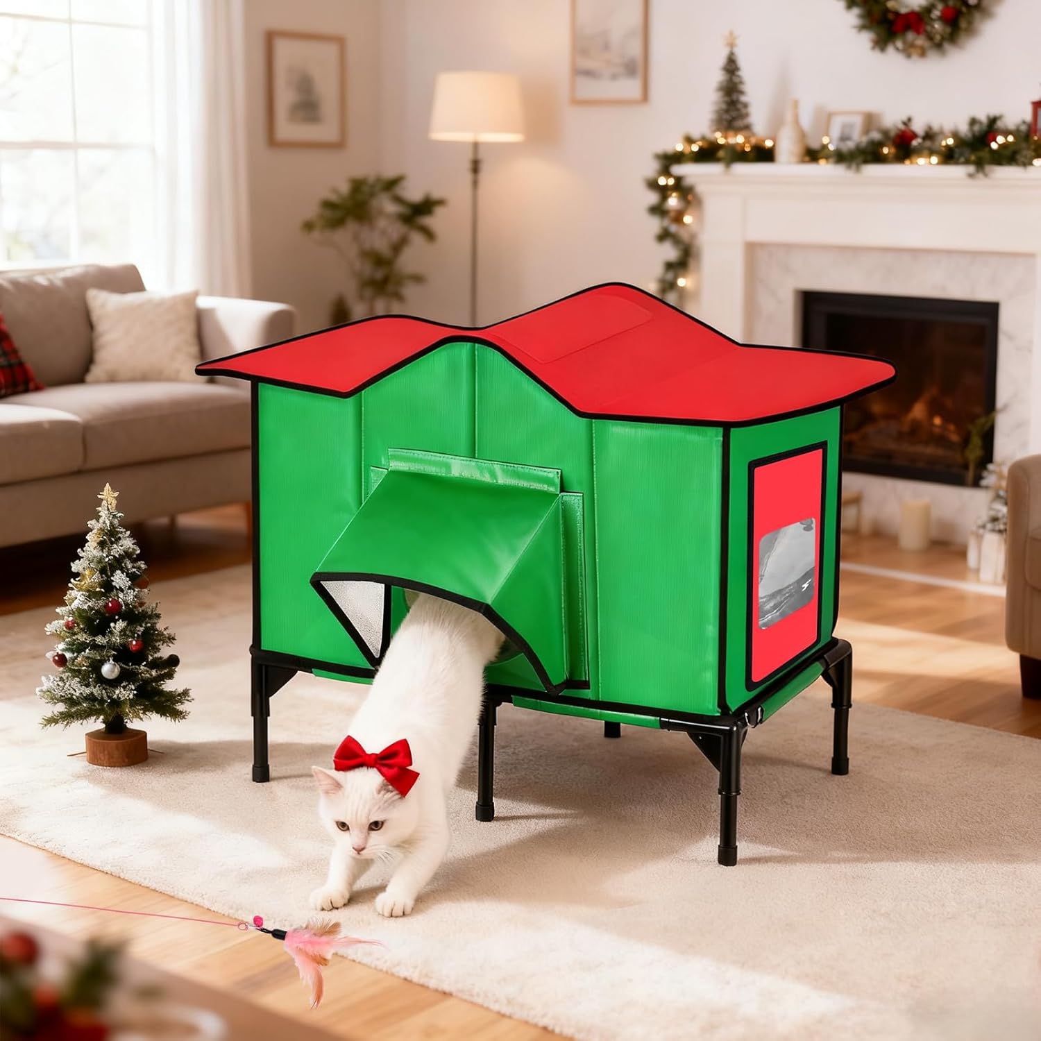 Heated Outdoor Cat House Weatherproof with Removable Heated Pad for Winter, Outside Insulated Shelter for Feral Cats Puppies, for Cat Lovers