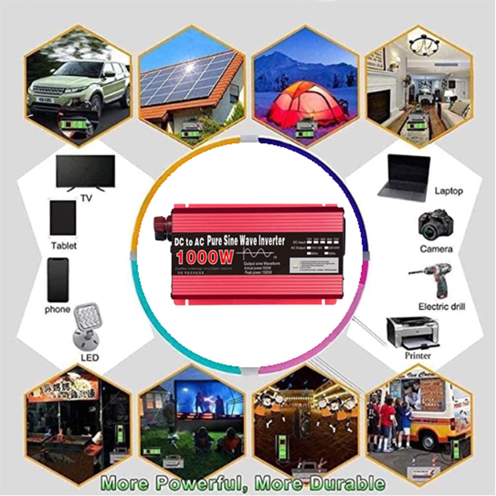 Przetwornica napięcia 1000W czysta fala sinusoidalna przetwornica DC 12V/24V do 110V/220V AC konwerter samochodowy do gospodarstwa domowego, kamperów, ciężarówek, kempingów