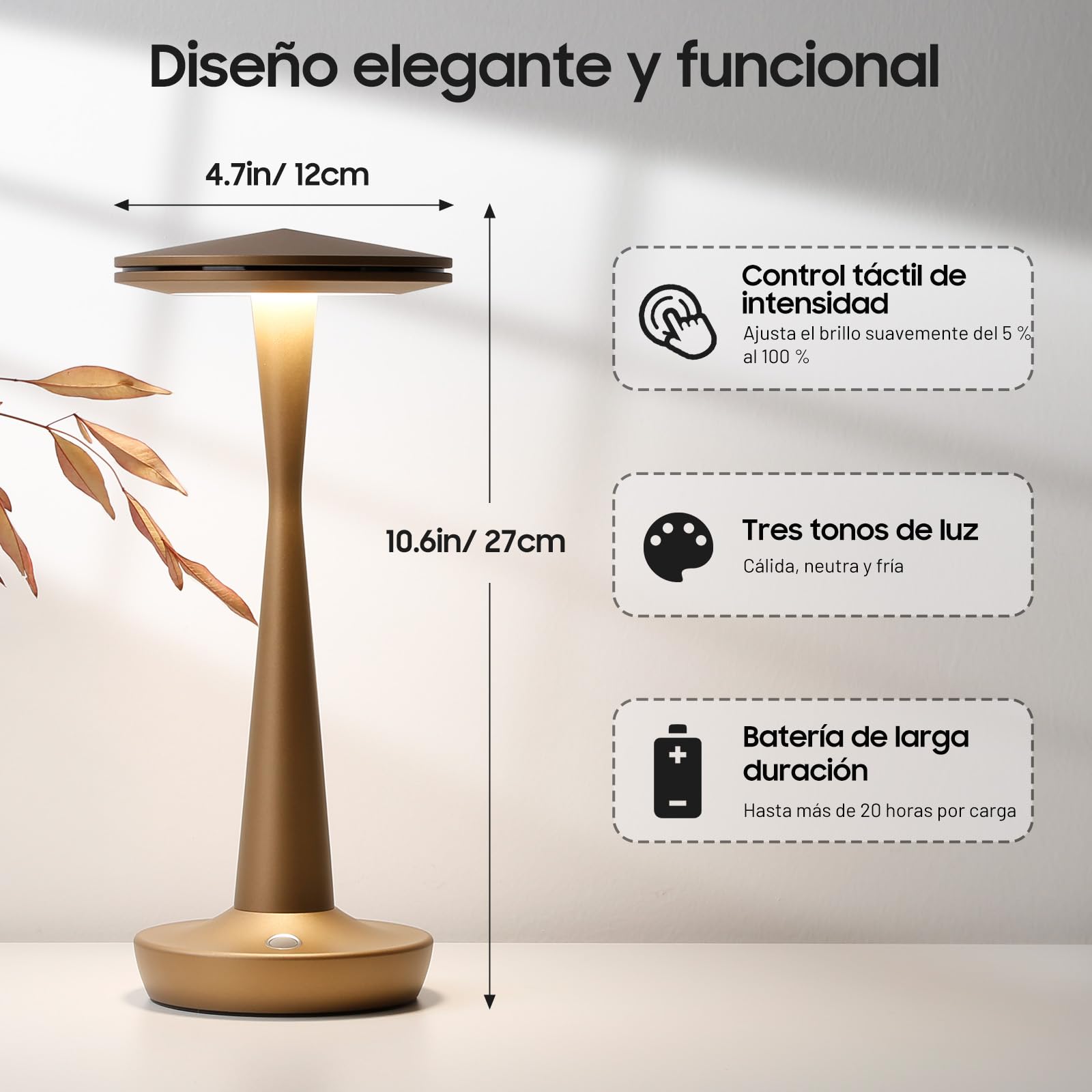 Lámpara de Mesa LED Inalámbrica Recargable 6000mAh, 3 Temperaturas de Color y Regulación Táctil Continua, IP54 Impermeable, Diseño Moderno con Memoria, para Interior y Exterior (2x Bronce)