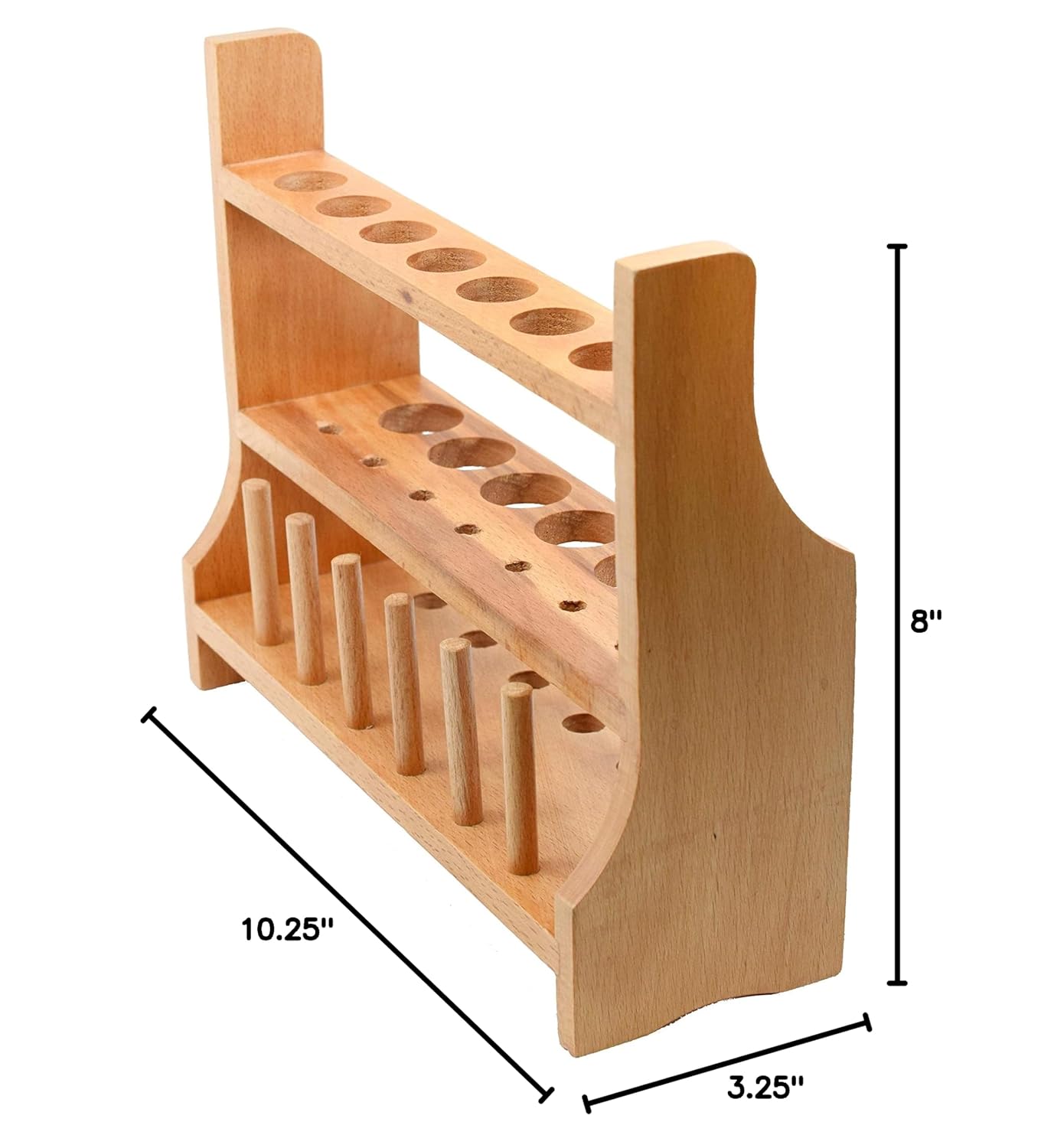 Wooden Test Tube Rack with 6 Draining Pins - Accommodates 13 Tubes, up to 25mm - 10.25" Wide, 8" Tall - Premium Polished Beech Wood Construction - Eisco Labs