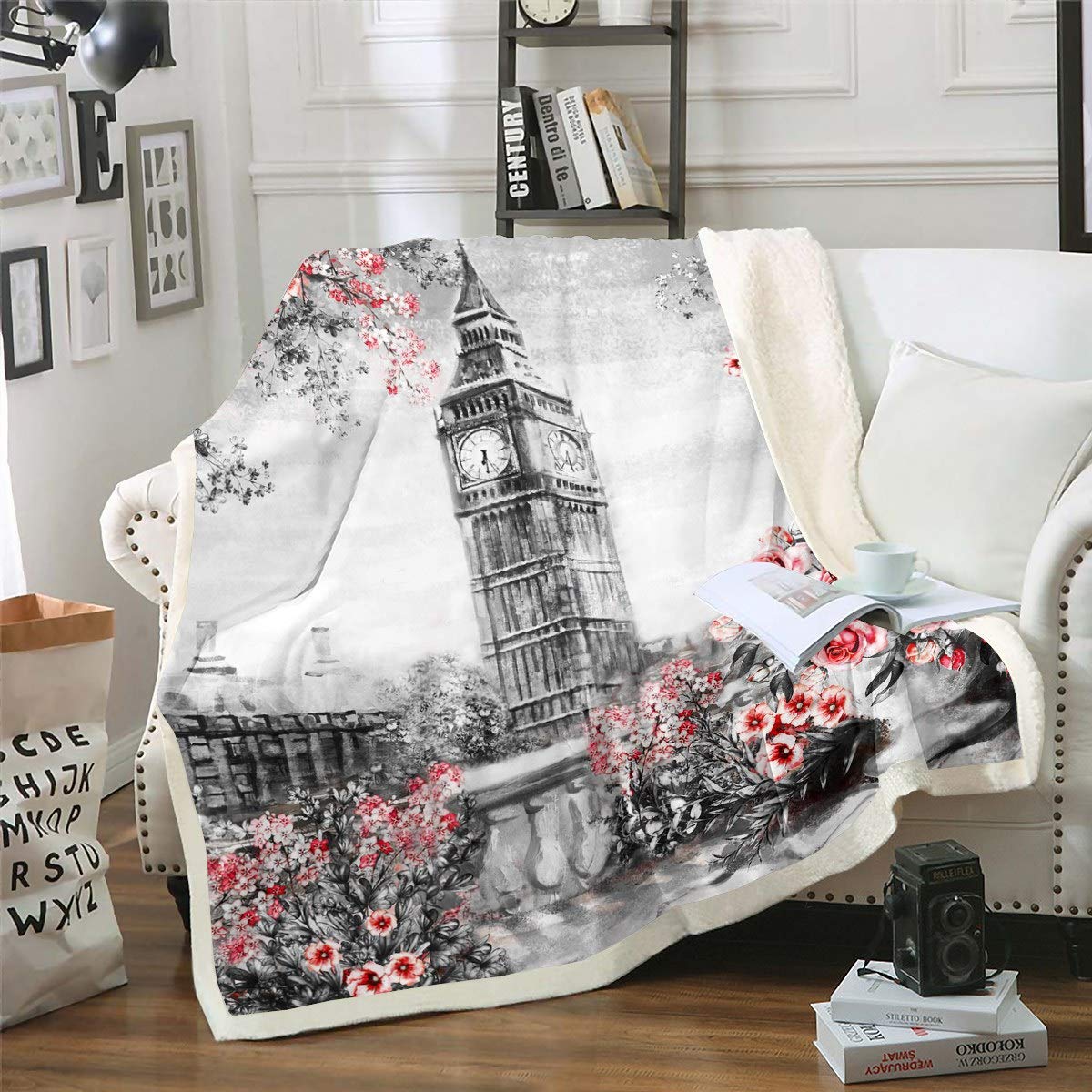Loussiesd Girls Multicolored 13219 Big Ben Fleece Blanket Red Rose Floral Print Sherpa Blanket For Sofa Couch Retro Gray Uk Theme Plush Throw Blanket England London Cityscape Fuzzy Blanket Room Decor Single 50"X60"