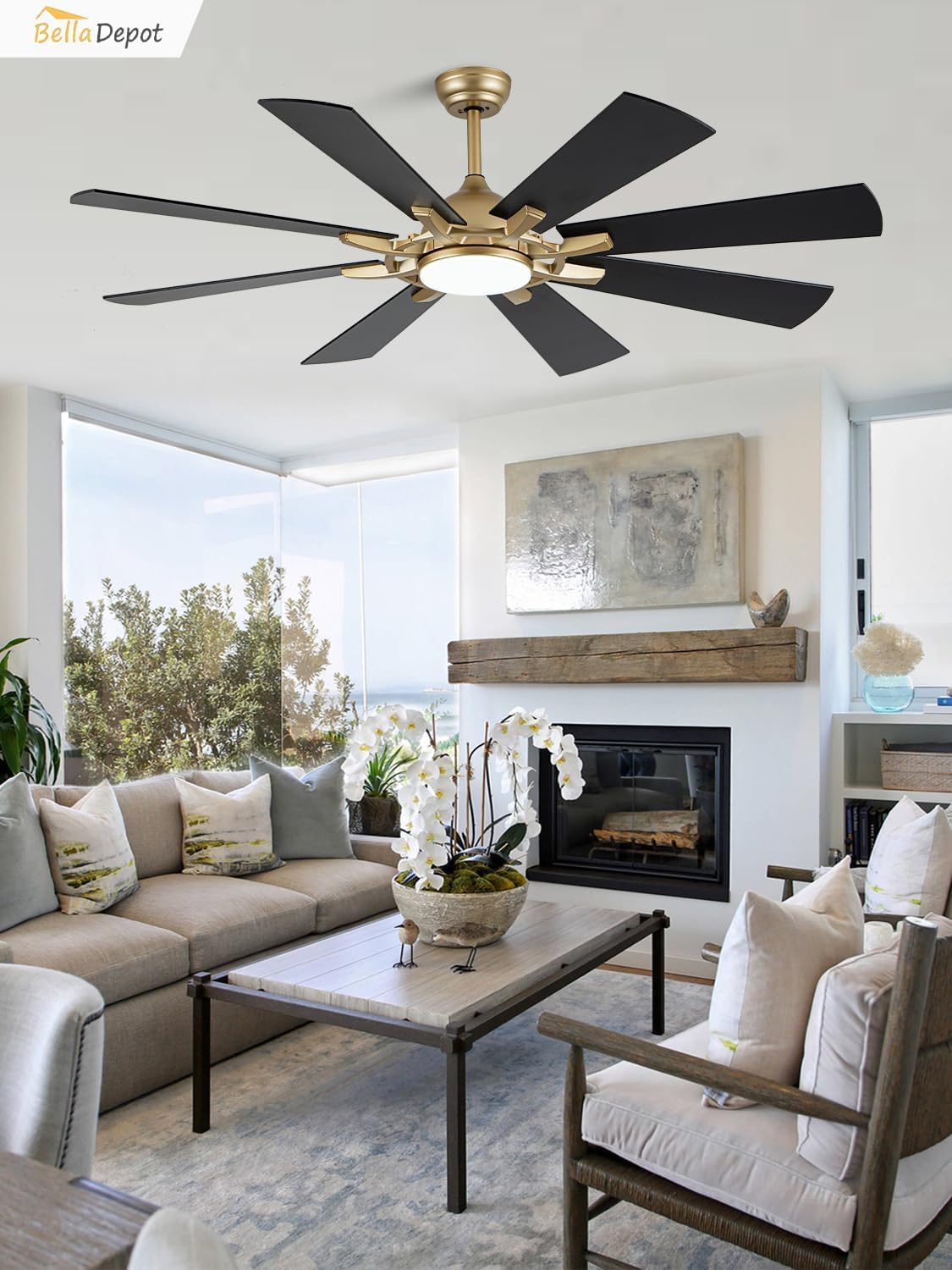 Bella Depot 60" Black and Gold Ceiling Fan with Light Large Ceiling Fan with Remote Dimmable LED Tri-Color Temperature 6-Speed Quiet DC Motor Chandelier Fan for Bedroom Living Room Patio