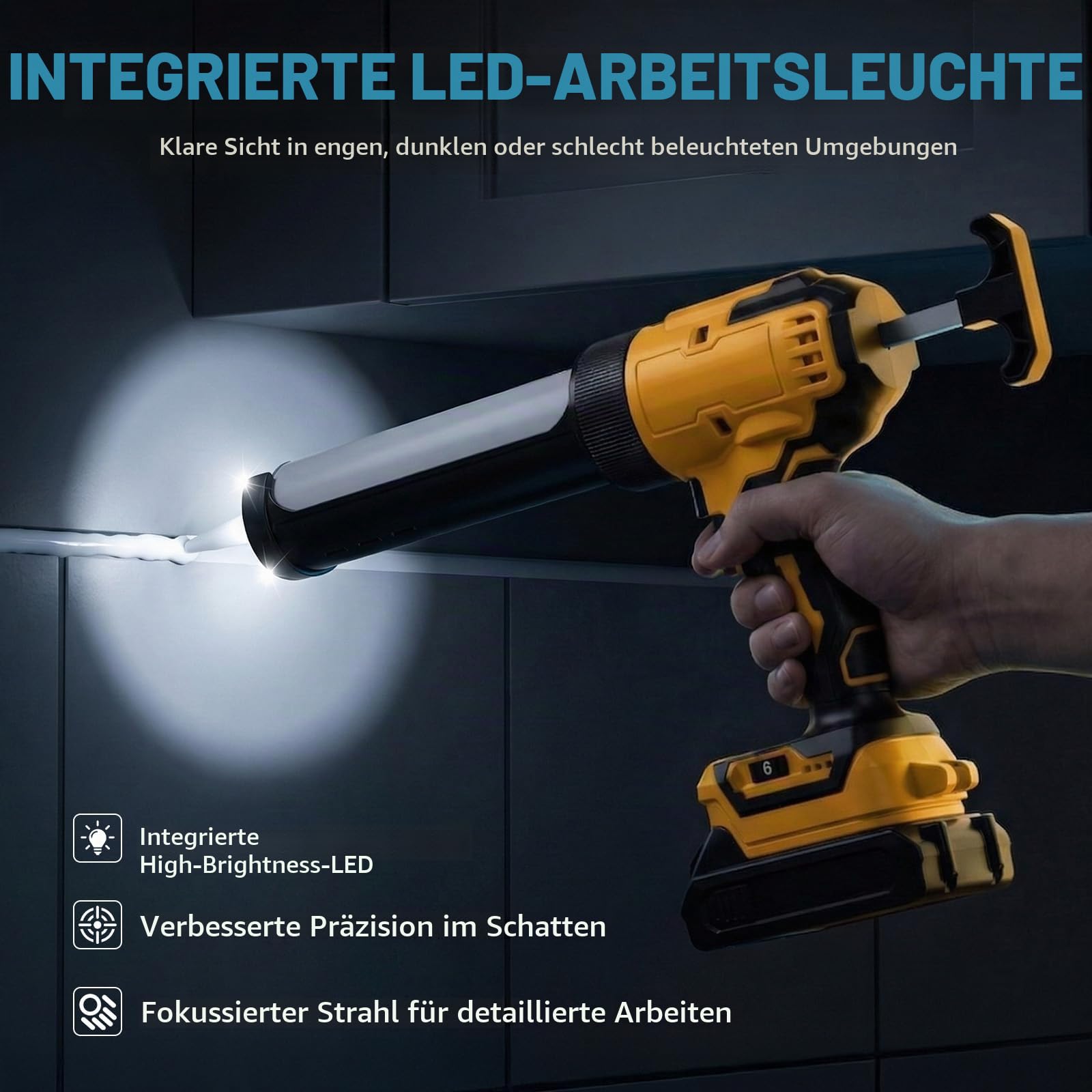 Akku Kartuschenpresse Kompatibel mit Dewalt Akku 18-20V - Elektrische Kartuschenpistole mit LED-Licht, 6 einstellbare Geschwindigkeitsstufen, für 300ml Heißklebestifte (Ohne Akku)