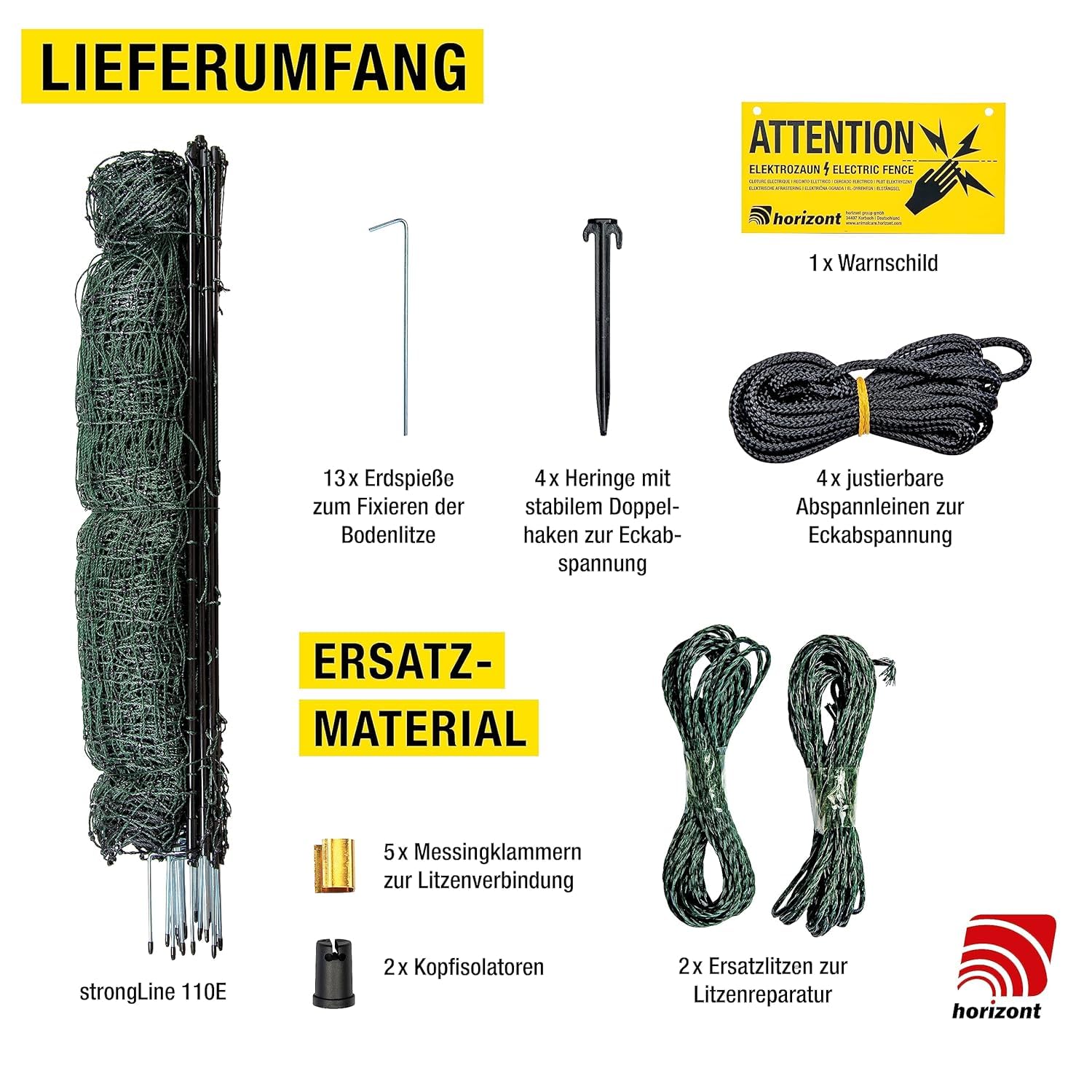 horizont Filet à volaille strongLine 110E, 15 piquets en fibre de verre - double pointe 50 m 110 cm de haut - avec électricité, clôture mobile pour poules