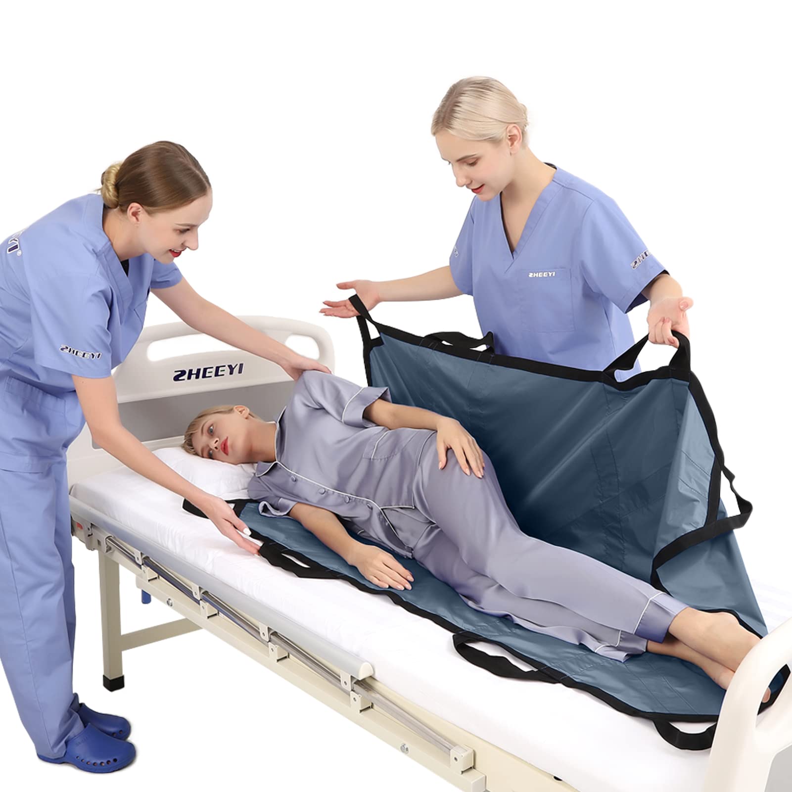 Multipurpose 55" x 36" Positioning Bed Pad with Reinforced Handles - Reusable &amp; Washable Patient Sheet for Turning, Lifting &amp; Repositioning - Double-Sided Nylon Fabric, Gray