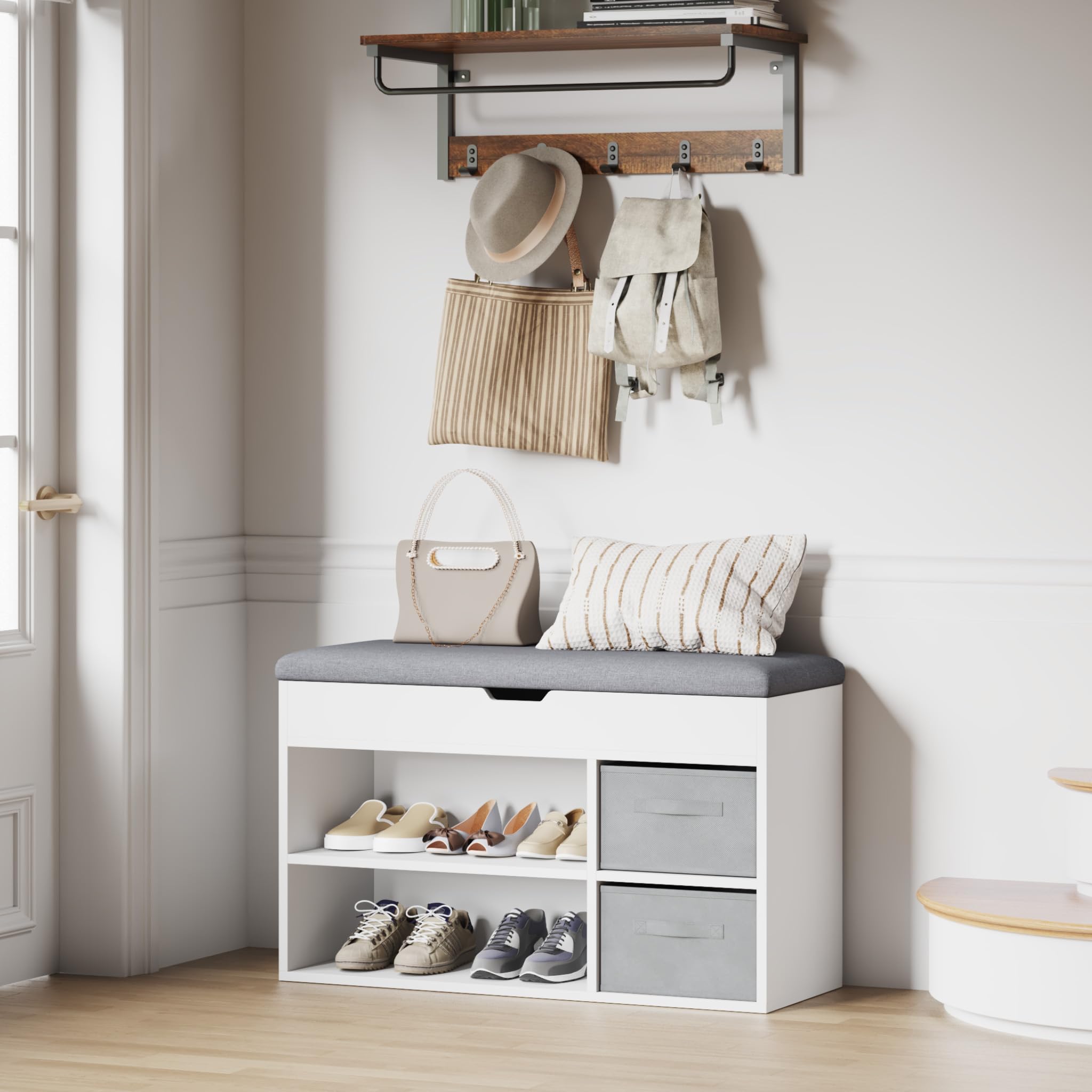 Mondeer Schuhbank mit Sitzfläche, Sitzbank mit Stauraum 2 Stoffschubladen, für Flur Eingang Wohnzimmer, 80 x 48 x 30 cm, Weiß