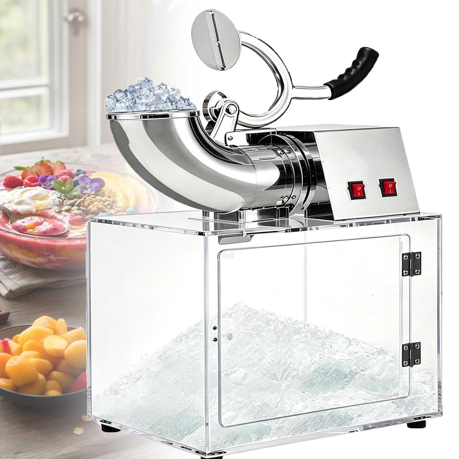 MiyKom Electric Ice Crusher with Dazzling Lights, 850 RPM Electric Snow Cone Maker, Upgraded Dual Blades, 3kg/Min Fast Crushing, Safety Guard, Anti-Slip Base for Drinks, Parties and Cafes