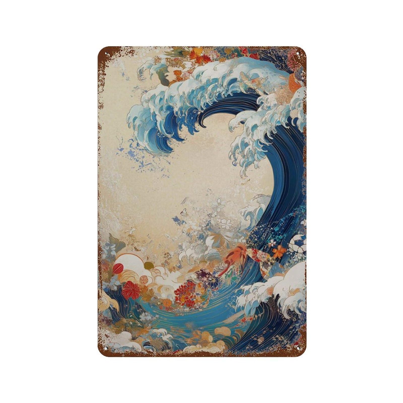 xiaoxiaoshen Great Wave Inspired Japanese Modern Ocean with Koi And Floral Motifs Blue Gold Wall Decor Art Metal Tin Poster Modern Home Decor Art Home Bar Shop Decorations Vintage Sign 30x20cm