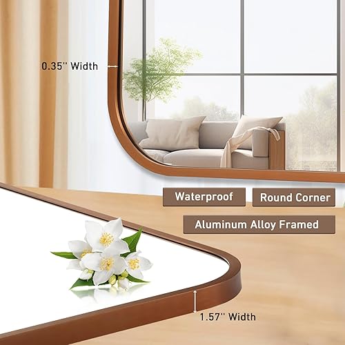Miniatura 4 de FARMER Espejo de bronce, espejo rectangular redondeado de 22 x 30 pulgadas, espejo de baño con marco de metal, espejo decorativo moderno para baño,