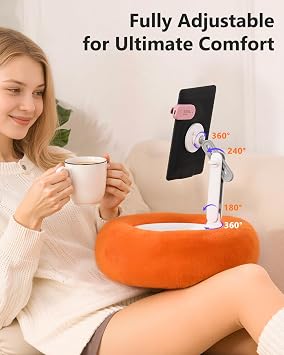 Magnetic iPad Pillow Stand with Snack Bowl for Bed, Adjustable Tablet Pillow Holder Soft Plush Fabric, Lap Pillow Stand for iPad Tablet Kindle Phone Steam Deck, Orange