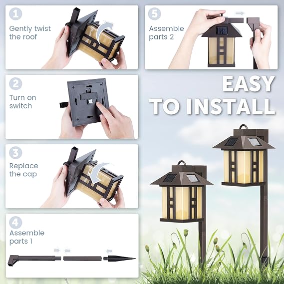 GIGALUMI Japanese Decor Solar Lights for Outside, Pathway Lights 4 Pack - Lawn/Patio/Yard/Walkway/Driveway Decoration | Japanese Style, Pathway Lights, Waterproof, Auto On/Off, Solar Powered, for Lawn, Patio, Yard, Walkway, Driveway Decoration
