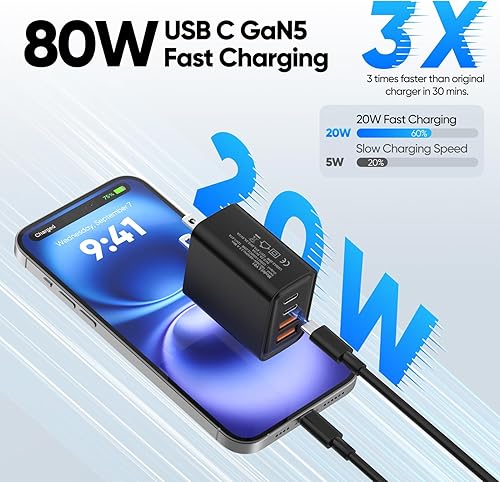 Miniatura 2 de Paquete de 2 Cargador de pared USB C, bloque de carga rápida de 80 W, 4 puertos tipo C, enchufe de pared multipuerto USBC PD20W y QC20W GaN con