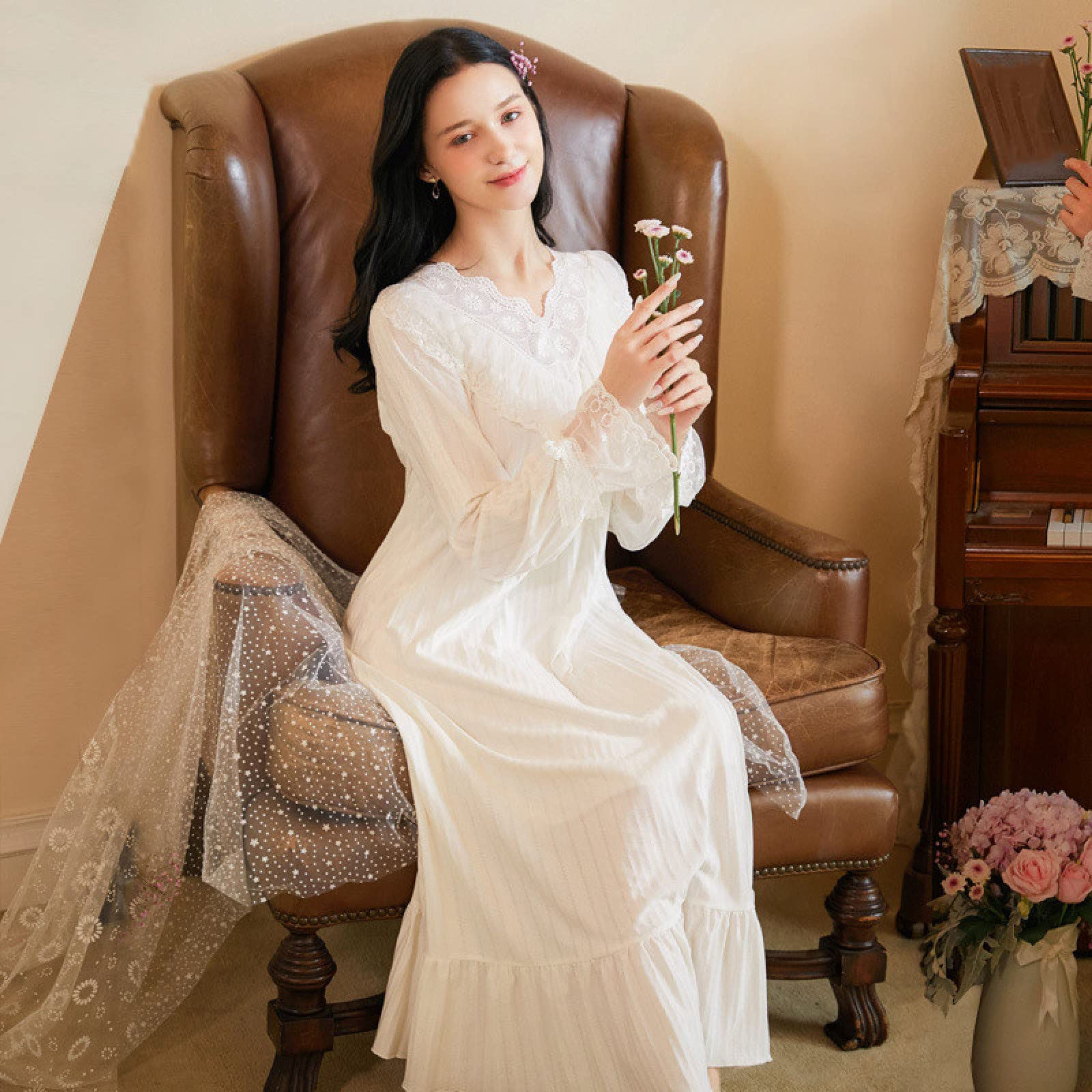 OFFSUM Camicia da Notte Donna - Primavera Elegante Camicia da Notte con Scollo A V Retro Dolce Principessa Camicia da Notte Casual Plus Size Pizzo Pigiameria in Cotone Lingerie Vestito