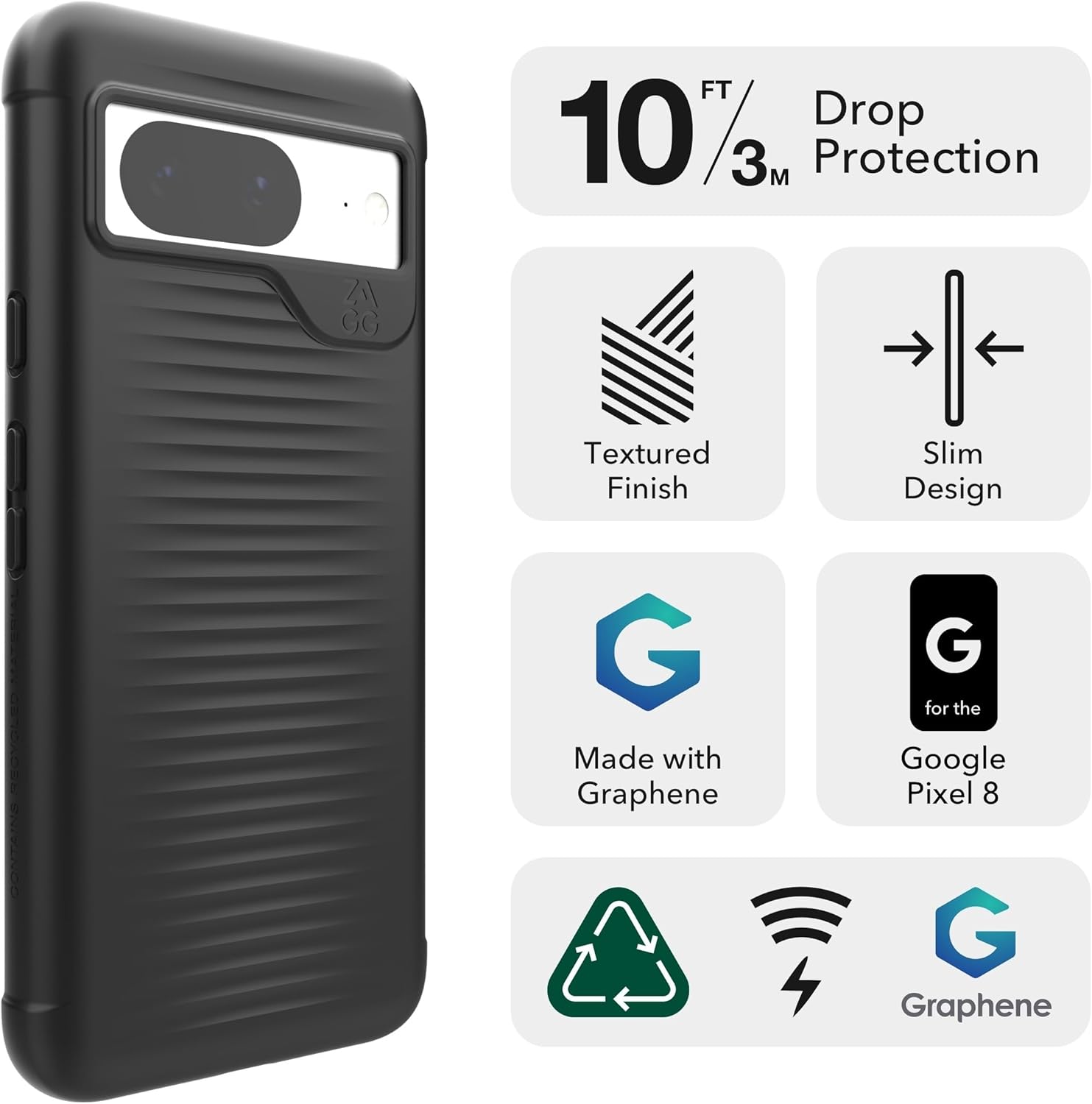 ZAGG Luxe Google Pixel 8 Case – Slim & Stylish Design with 10ft Drop Protection, Made from 100% Recycled Content, Wireless Charging Compatible Phone Case, Black