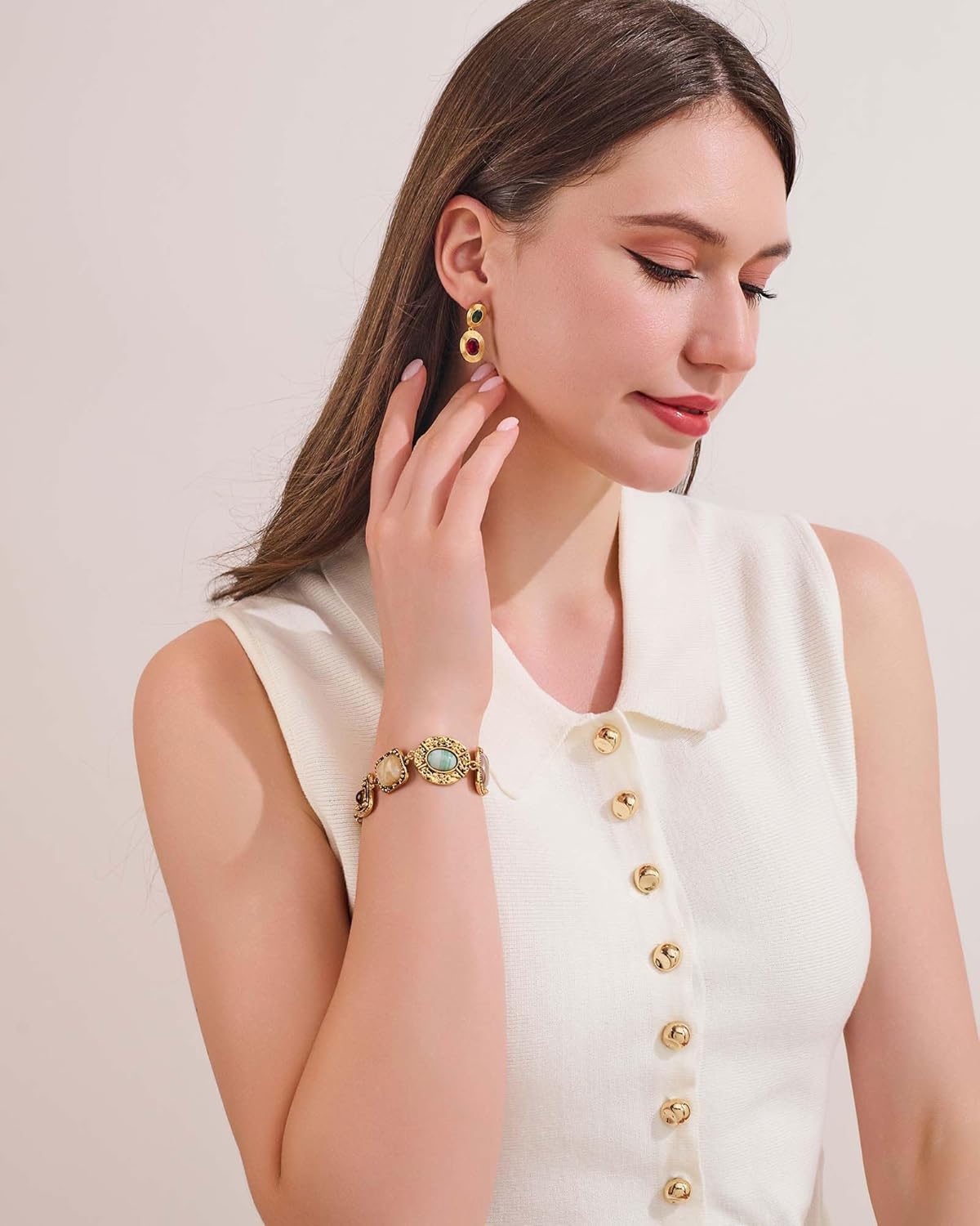 Vintage Geometric Stone Charm Bracelets for Women Trendy Chunky Gold Chain Link Bracelet Boho Statement Bangle Bracelets Jewelry - Image 2