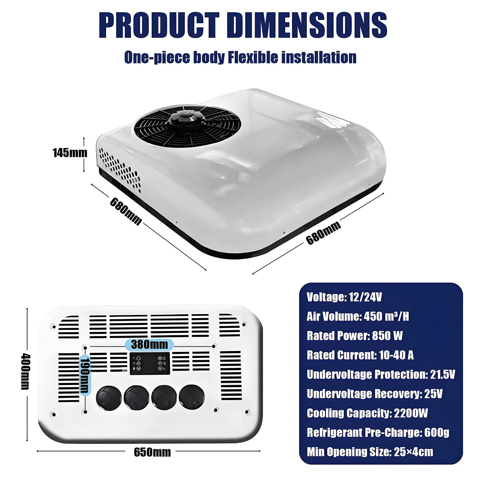 Aire Acondicionado portátil para caravanas de 8500 BTU: calefacción y refrigeración 2 en 1, fácil instalación, Unidad de Techo sin conductos, 12 V/24 V, bajo Nivel de Ruido de 45 dB.