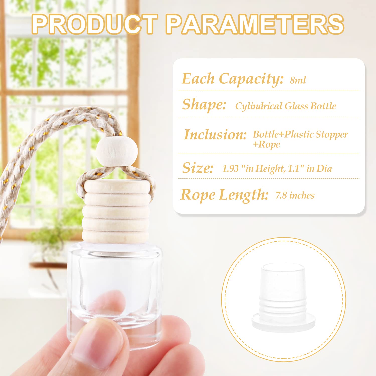50 unidades/juego, difusor de ambientador colgante de 8 ml, difusor de perfume de vidrio transparente recargable aspiradora con tapas de madera y cuerda para colgar, estilo cilíndrico