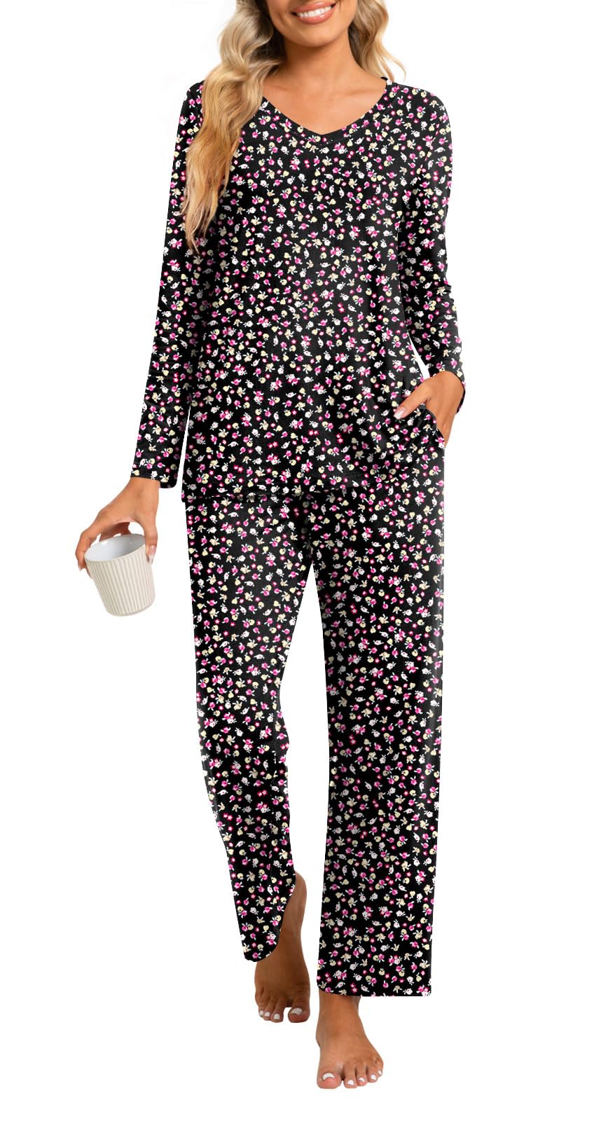 syoss Conjunto de pijama de otoño de 2 piezas para mujer, ropa de dormir de manga larga con bolsillos, Floral Black, XL