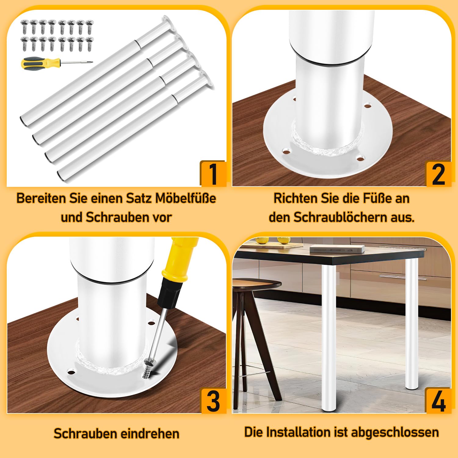 Lot de 4 pieds de table réglables de 70 à 110 cm, en métal, blanc