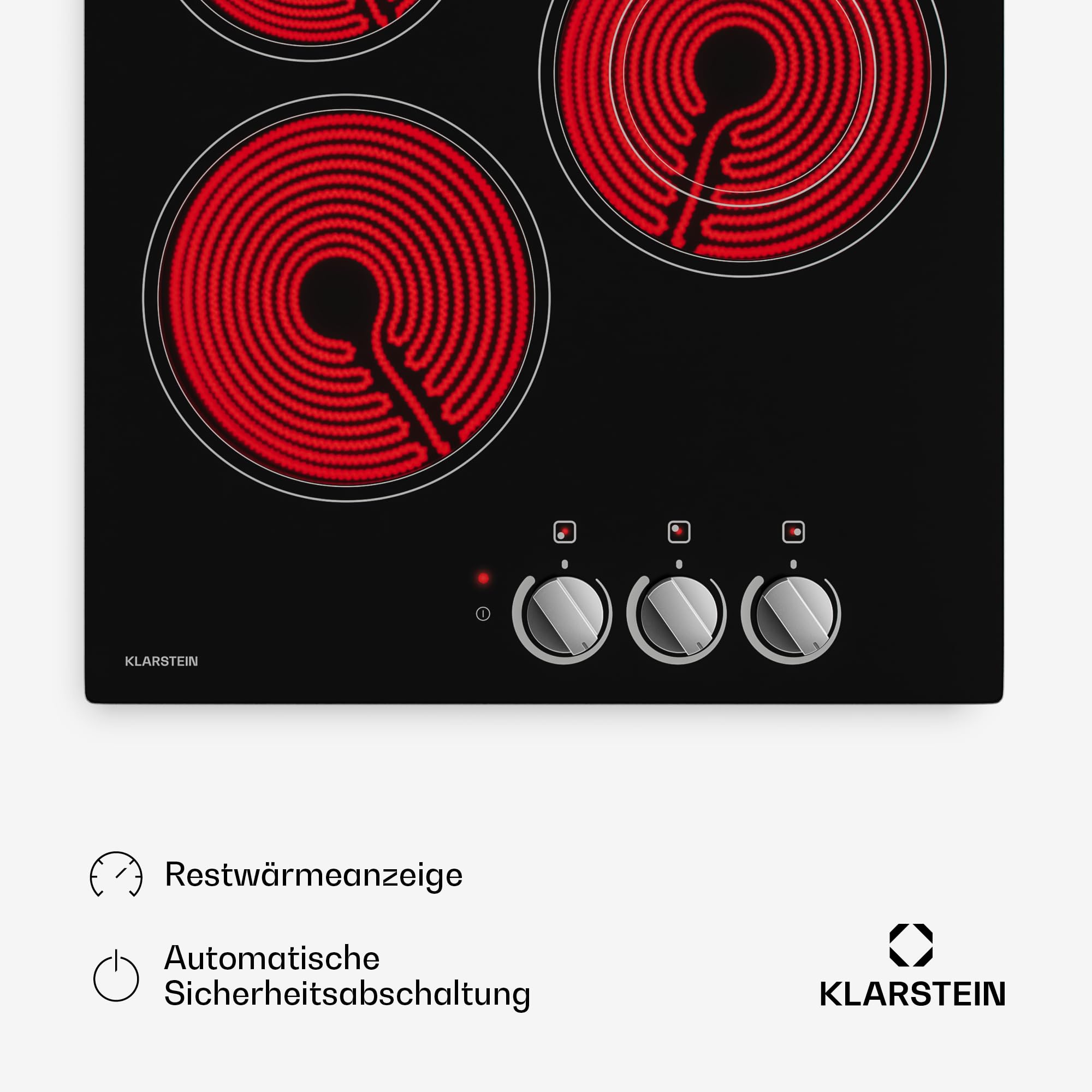 Klarstein Glaskeramik-Kochfeld – 45 cm Glasoberfläche, 3-Zonen-Elektrokochfeld mit Dual-Zone, Drehregler, 4700 W, Restwärmeanzeige & Kindersicherung, leicht zu reinigende Kochfläche