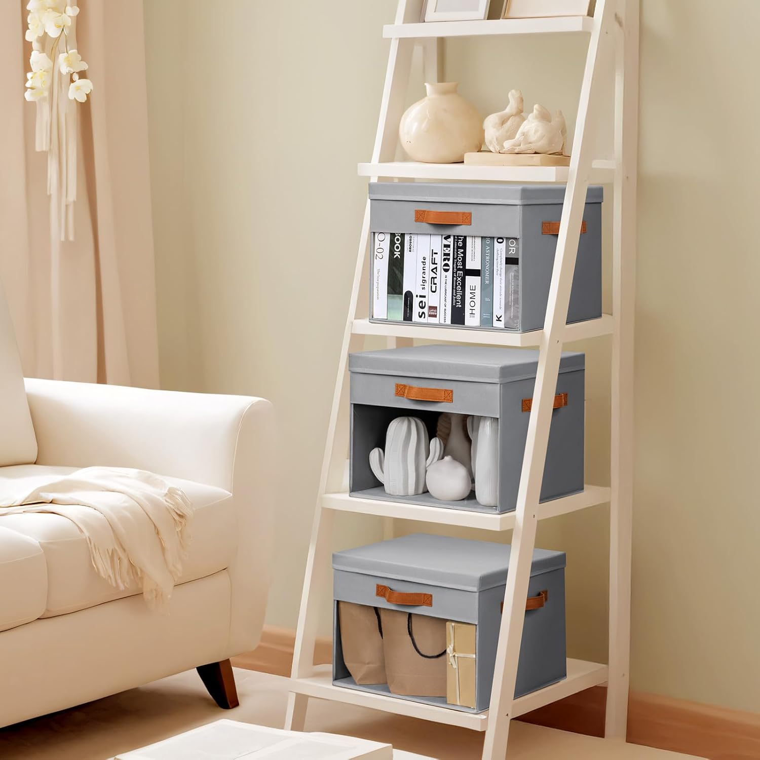 Large Storage Bins with Lids - 4 Pack Foldable Decorative Organizers with Clear Windows & Handles, Cube Storage Organizers for Clothes, Blankets, Sweaters, Sheets, Grey