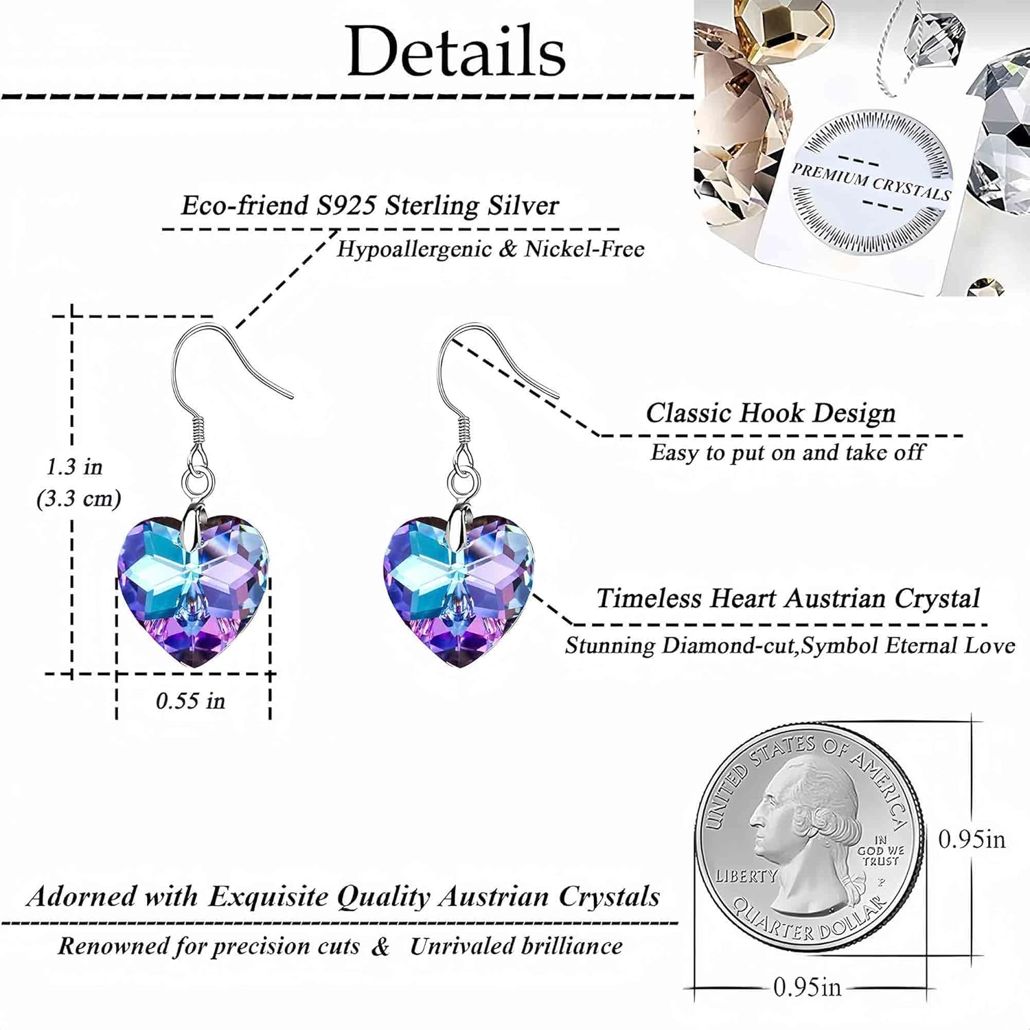 Austrian Crystal Heart Drop Dangle Earrings for Women 925 Sterling Silver Hook Hypoallergenic Earring - Image 4