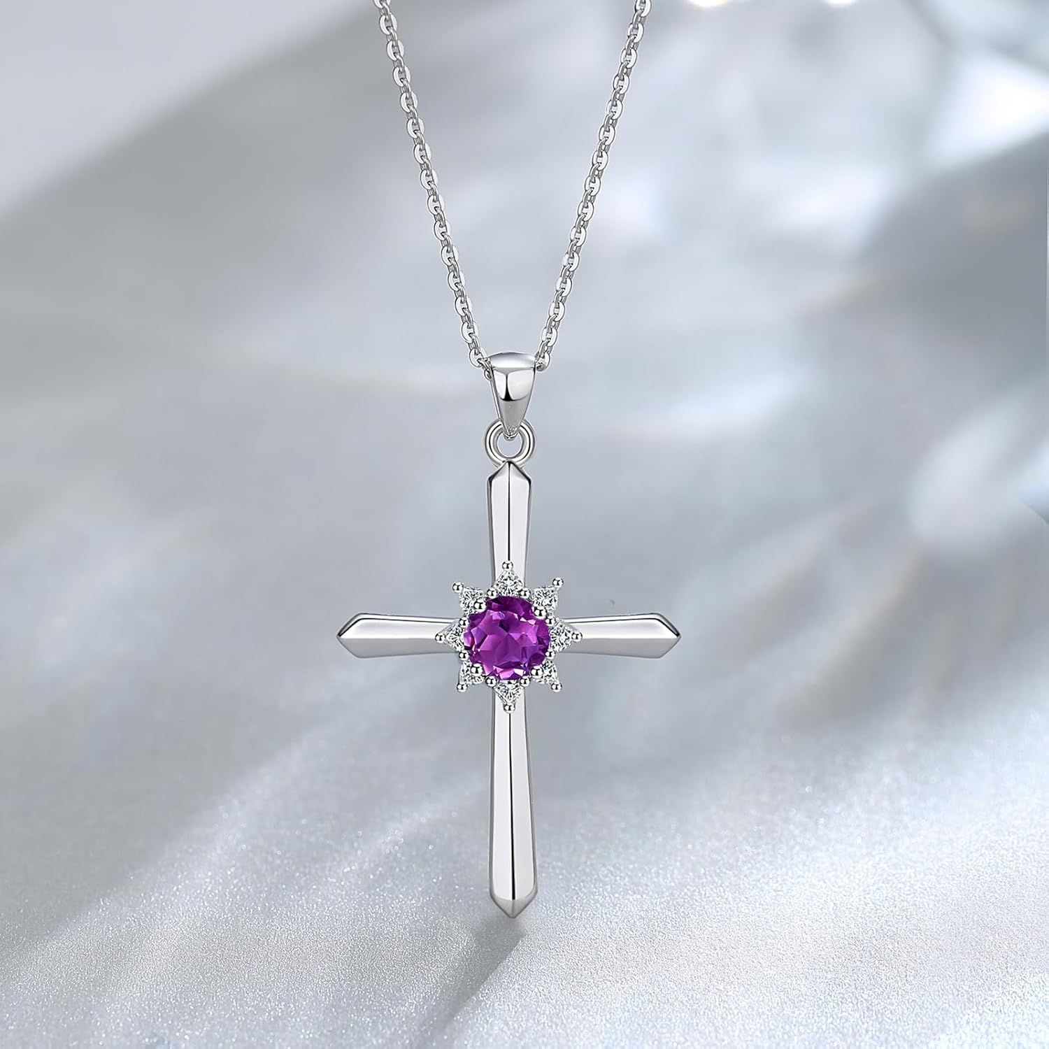 FANCIME Birthstone Cross Necklace for Women Sterling Silver Birthstone Necklace Halo Infinity Cross Pendant Necklace Fine Jewelry Valentines Day Gifts Birthday Holiday Gifts for Her, 16"+2" Inches - Image 4