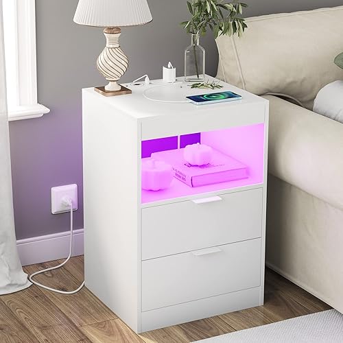 Miniatura 8 de Tiptiper Mesita de noche LED con estación de carga inalámbrica, mesita de noche con luces LED, mesa auxiliar con 2 cajones, 1 bandeja extraíble y