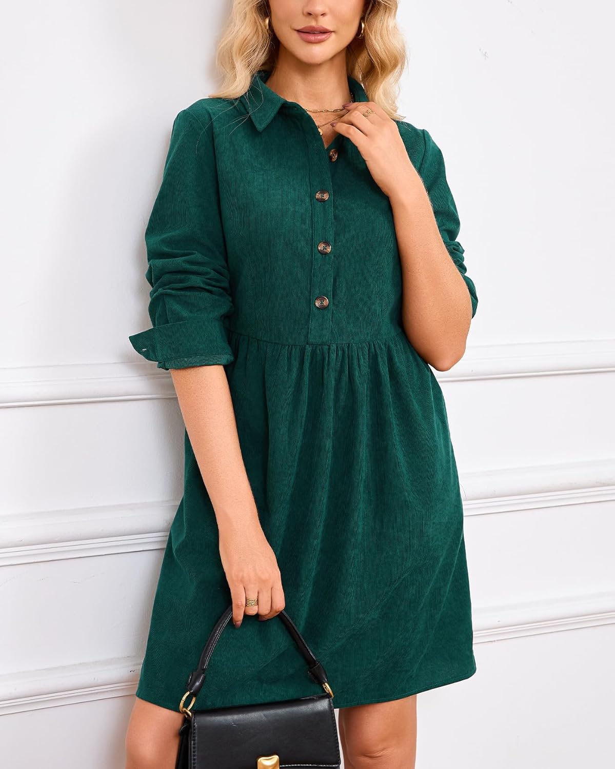 Women's Corduroy Shirt Dress Casual Long Sleeve V Neck Button Down Tunic Mini Dress with Pockets - Image 2