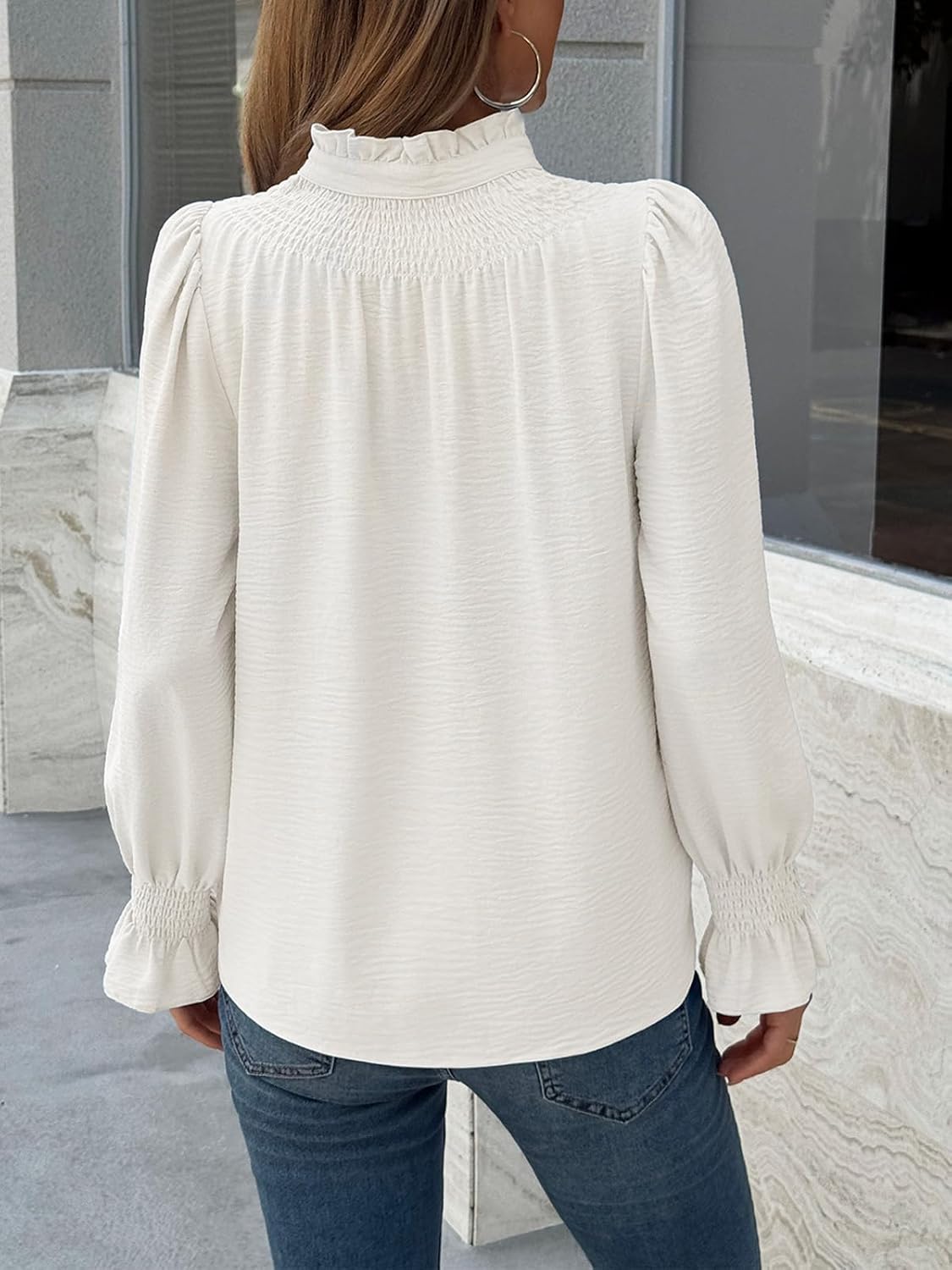 Tankaneo Womens Puff Long Sleeve Button Down Shirts Ruffle Mock Neck Blouses Dressy Casual Loose Fit Tops - Image 6