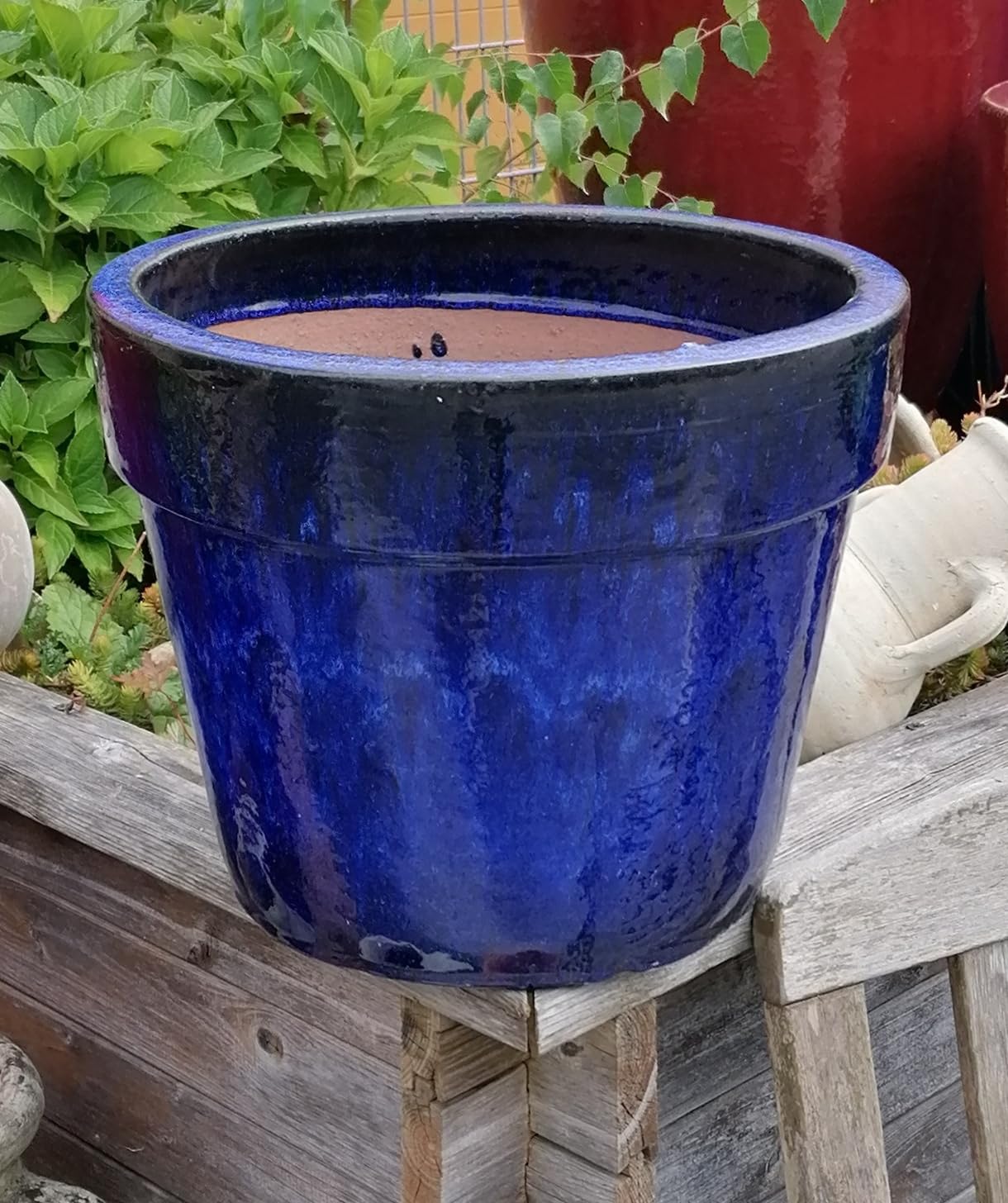 B-Ware !! Robuster winterfester Blumentopf ca. 37 cm Durchmesser, blau glasiert Steingut Garten Deko Blumenkübel Pflanztopf