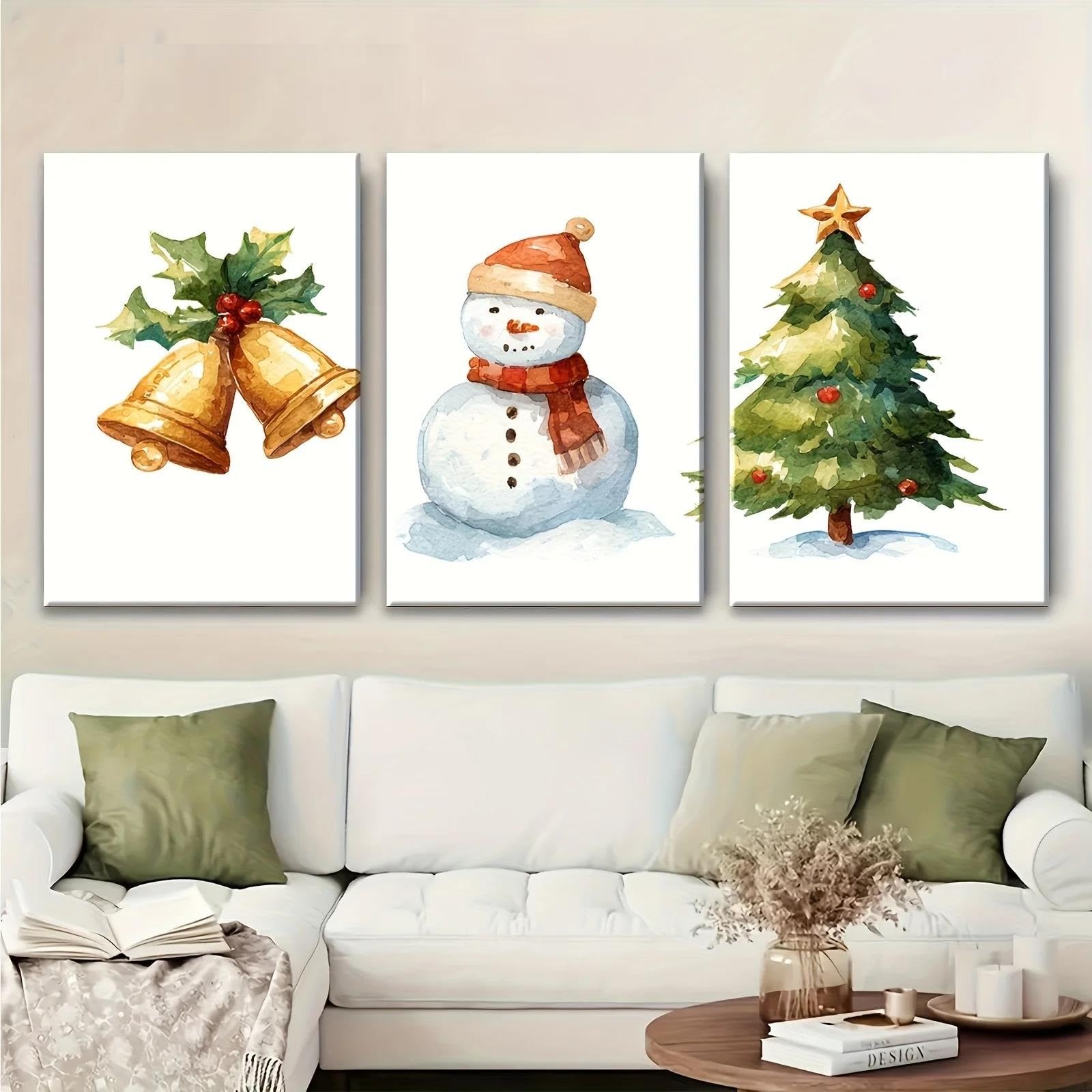 Yocheng 3pcs Set Minimalist Abstract Christmas Wall Art -Watercolor Snowman, Tree & Ornament Canvas Prints 21x30cmx3 No Frame