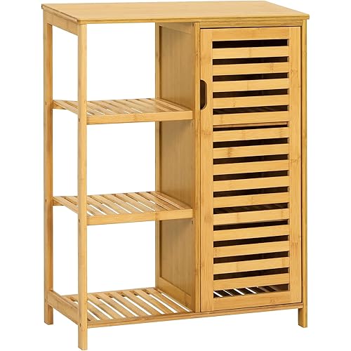 Bathroom Cabinet Bamboo Storage Cabinet with Doors and 3 Side Shelves, Freestanding Floor Cabinet for Bathroom, Living Room, Bedroom, Hallway, Kitchen, Storage Organizer
