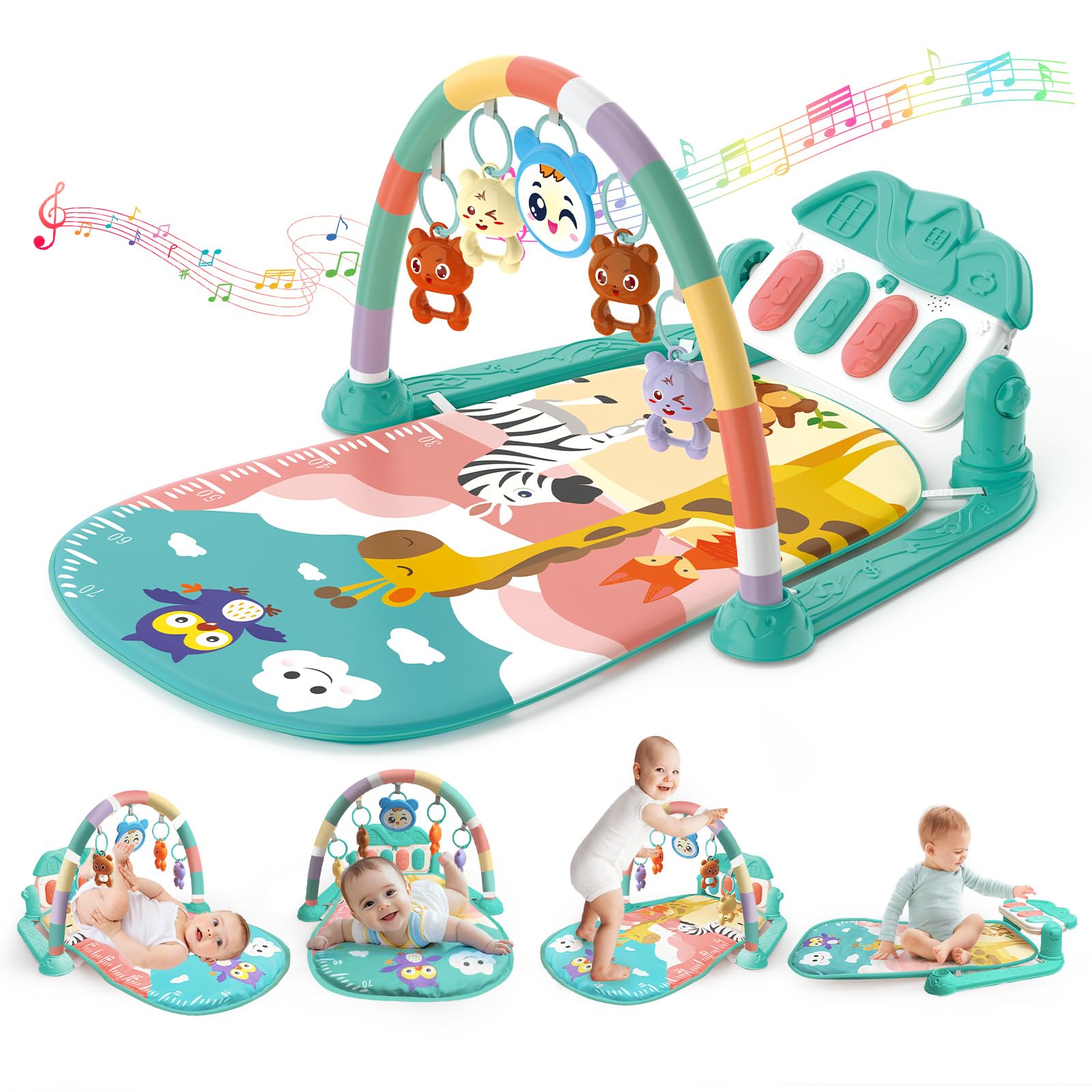 KalaDuck Spielbogen Baby 0-6 Monate, Spielmatte Baby mit Einstellbare Klaviermusik und Rasseln, Lauf- und Aktivität Spieldecke Center ab 0 Monate, Sensorik Spielzeug Krabbelmatte für Babies (Grün)