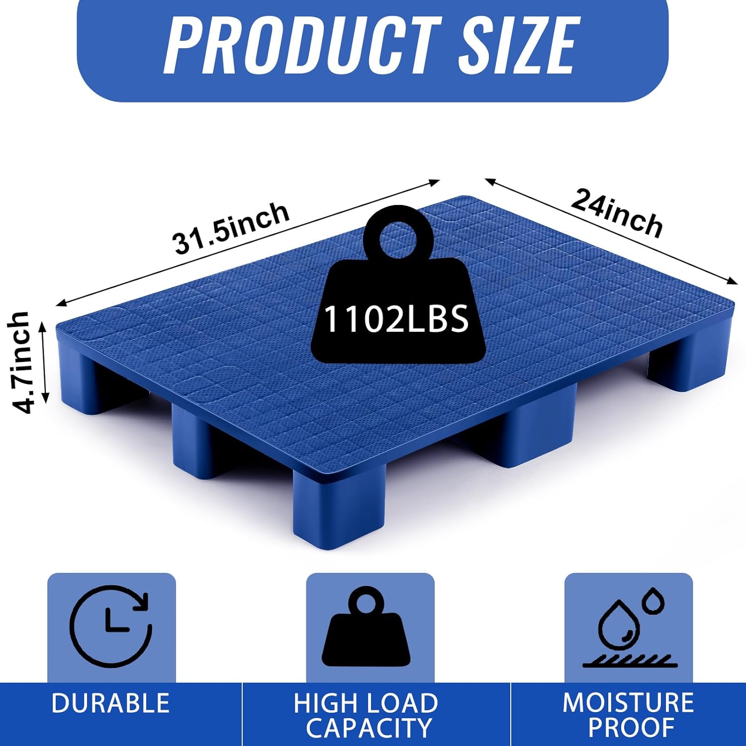1 Pcs Plastic Pallet for Basement Storage Easy Stack Lightweight Floor Pallet Display Flooring Room Supermarket Christmas, Support up to 2000 Lbs (31.5'' L X 24'' W X 4.7'' H,Dark Blue)