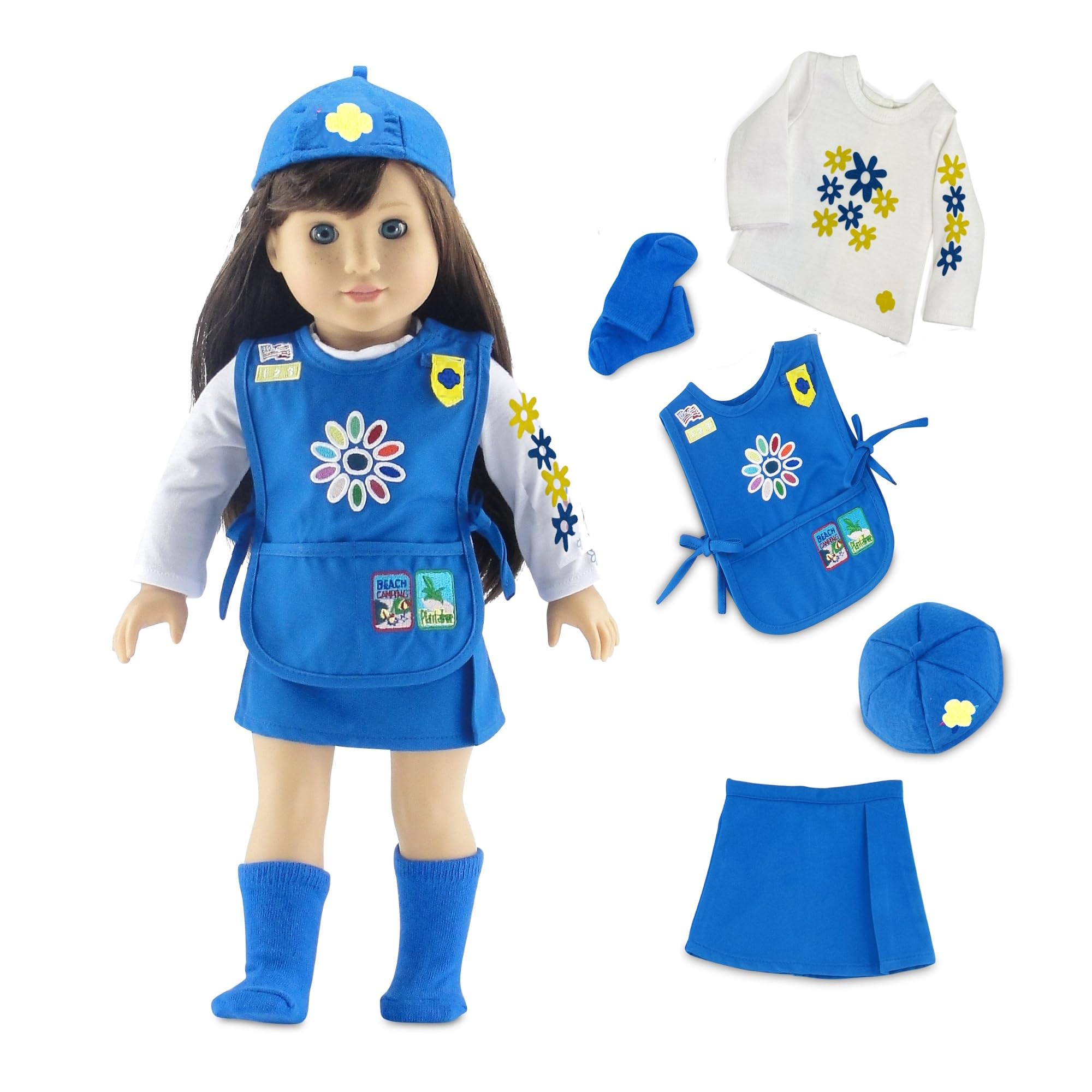 18 Inch Doll Clothes - 5PC Daisy Girl Scout Uniform Including Embroidered Patches | Officially Licensed | Compatible with American Girl Dolls | USA Business