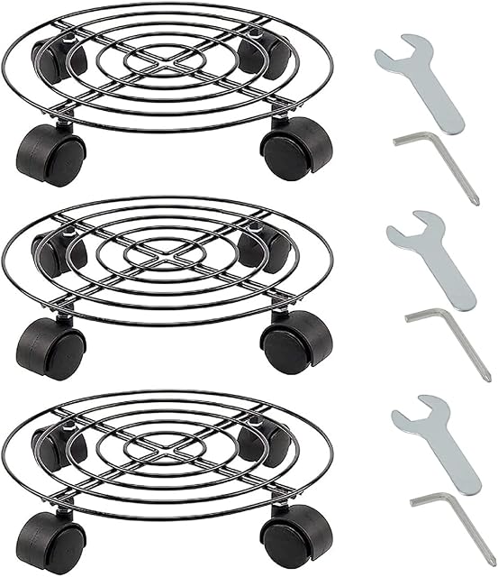 HAYAN Plant Pot Round Wheels 3 * 12" Mover Trolley Caddy Garden Plate Metal Stand Black