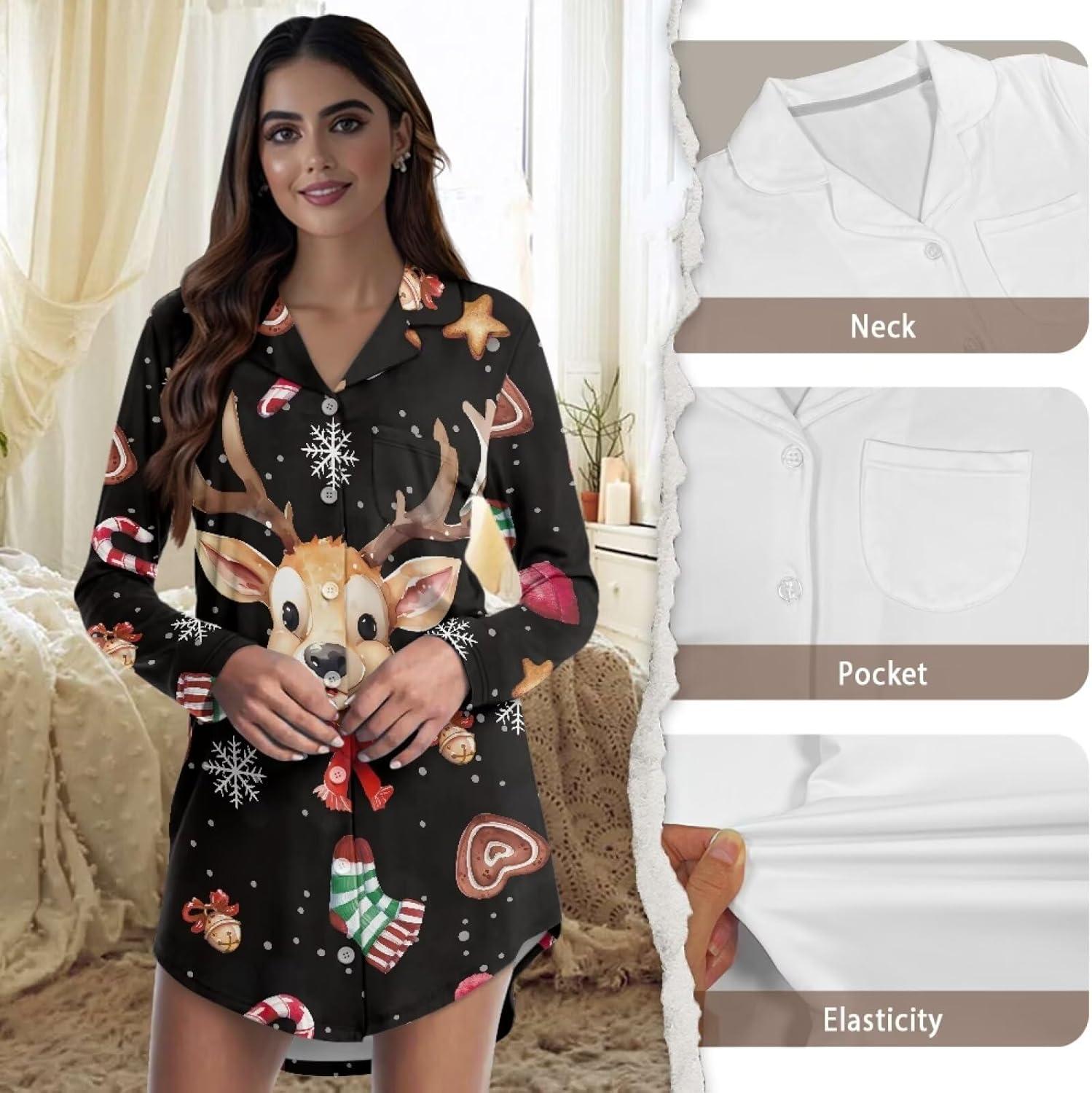 Womens Comfortable Nightshirt with Pocket, V Neck Casual Sleepwear Lightweight Loungewear Sleep Dress Nighties