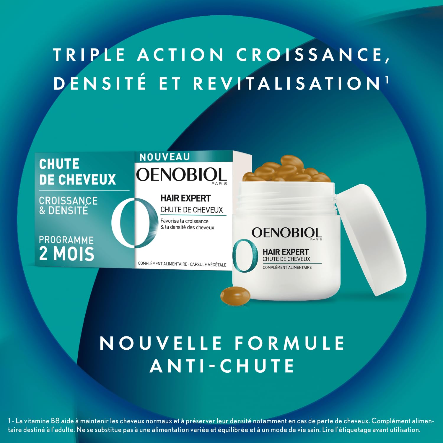 OENOBIOL HAIR EXPERT Chute de Cheveux - Nouvelle formule concentrée - Favorise la croissance - Préserve la densité des cheveux -Complément alimentaire 2x60 capsules-Programme 2 mois