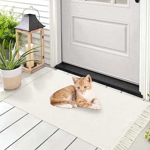 Miniatura 6 de MitoVilla Alfombra bohemia de baño de 2 x 4.3 pies, alfombra tejida de algodón blanco hueso para sala de estar, alfombras de cocina lavables