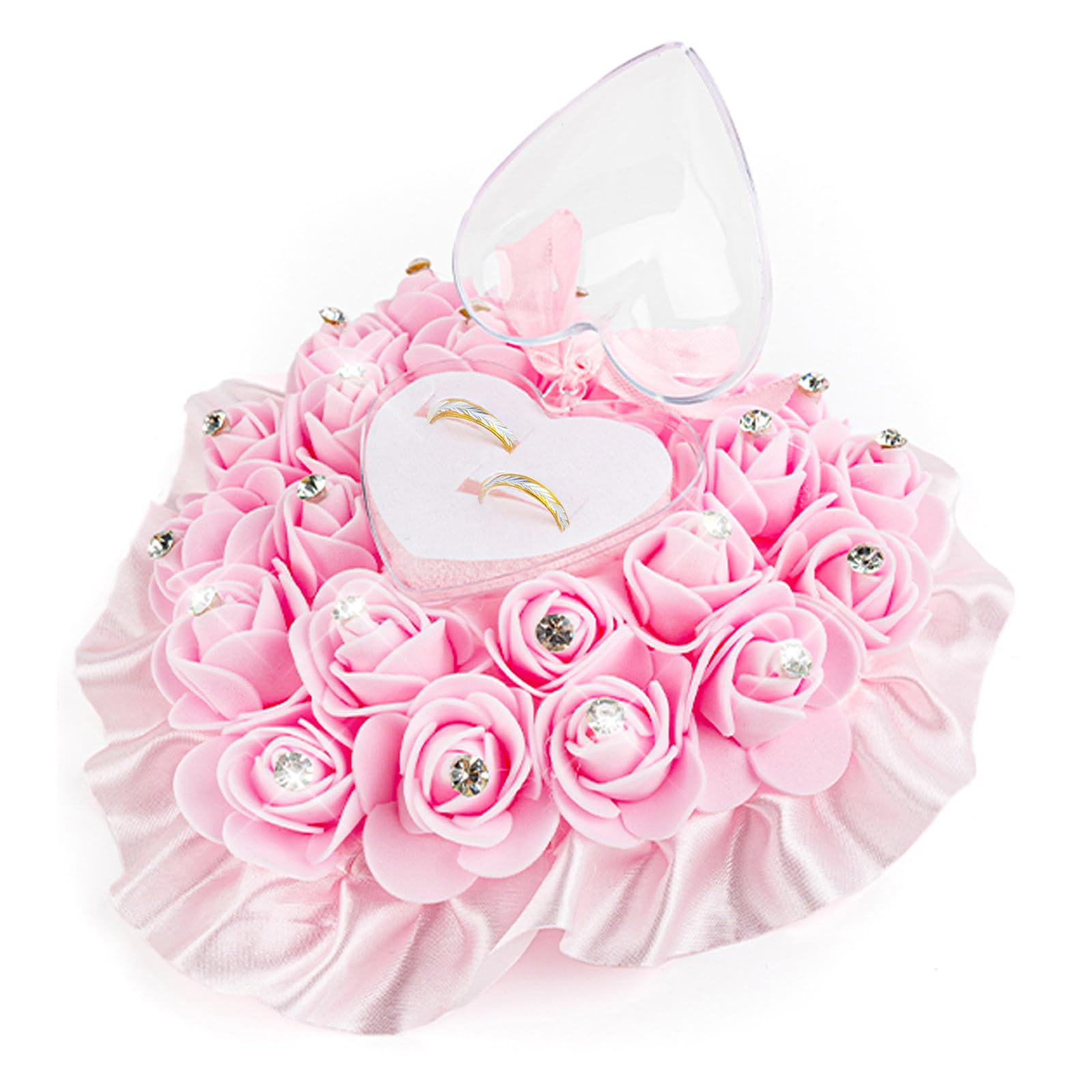 AUEAR, Pink Flower Wedding Heart Ring Pillows with Elegant Satin Lace Crystal Rose Holder