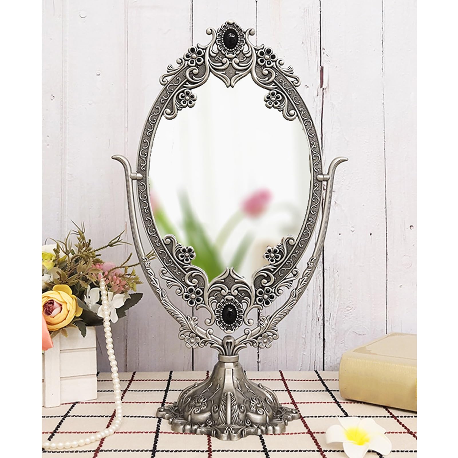 SDCFFC 1Pcs, Tabletop Makeup Mirror, Vintage Standing Vanity Mirror, European Style Carved, Inlaid Jade