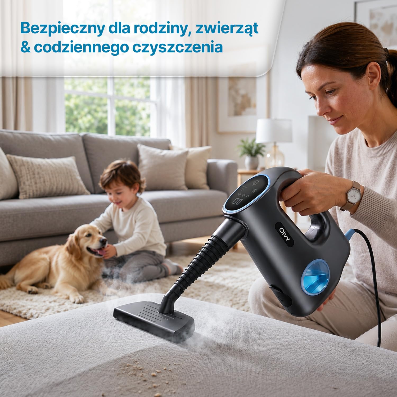 Olvy Ręczna myjka parowa 1200 W wysokociśnieniowa przenośna parownica z 3 poziomami pary i 10-częściowym zestawem akcesoriów, zbiornikiem 380 ml, do płytek domowych, mebli, kuchni i łazienki