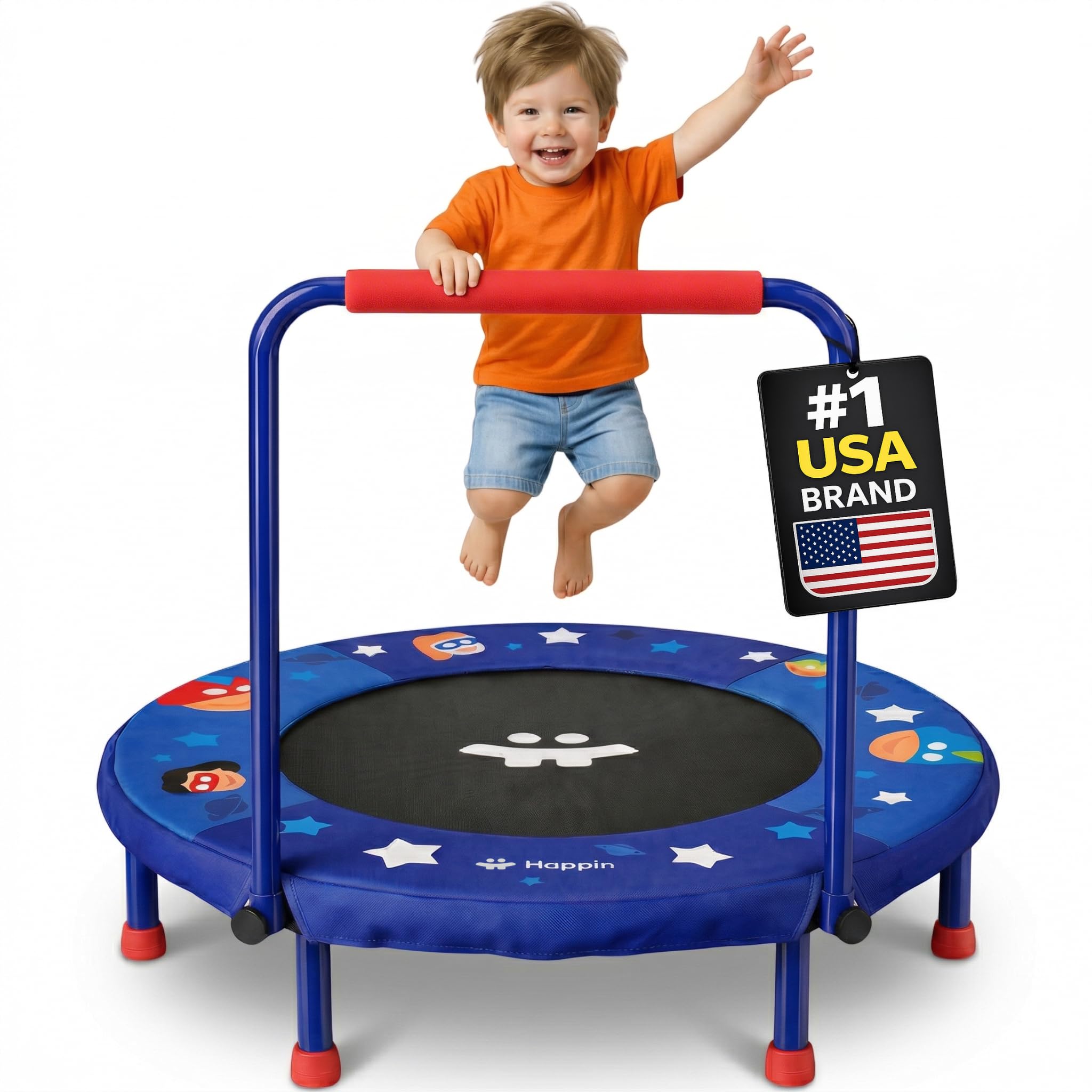 Happin® 36'' Toddler Trampoline Indoor, Foldable Mini Trampoline for Kids Ages 2-6, ASTM Certified, Adjustable Handle, Safety Pad for Indoor & Outdoor