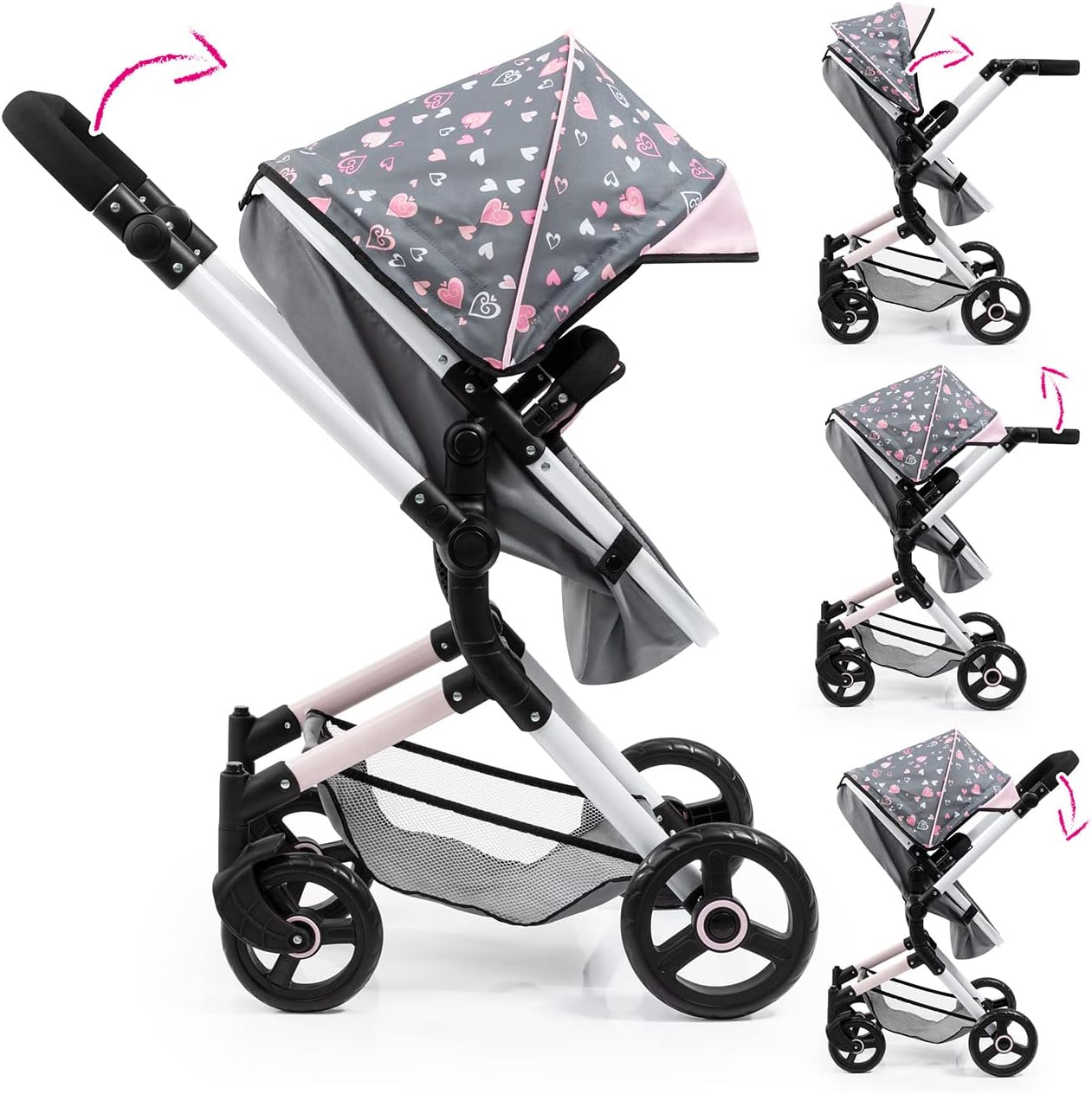 Bayer Design 18419AA Combi Doll's pram Neo Vario with Bag, Grey, Pink
