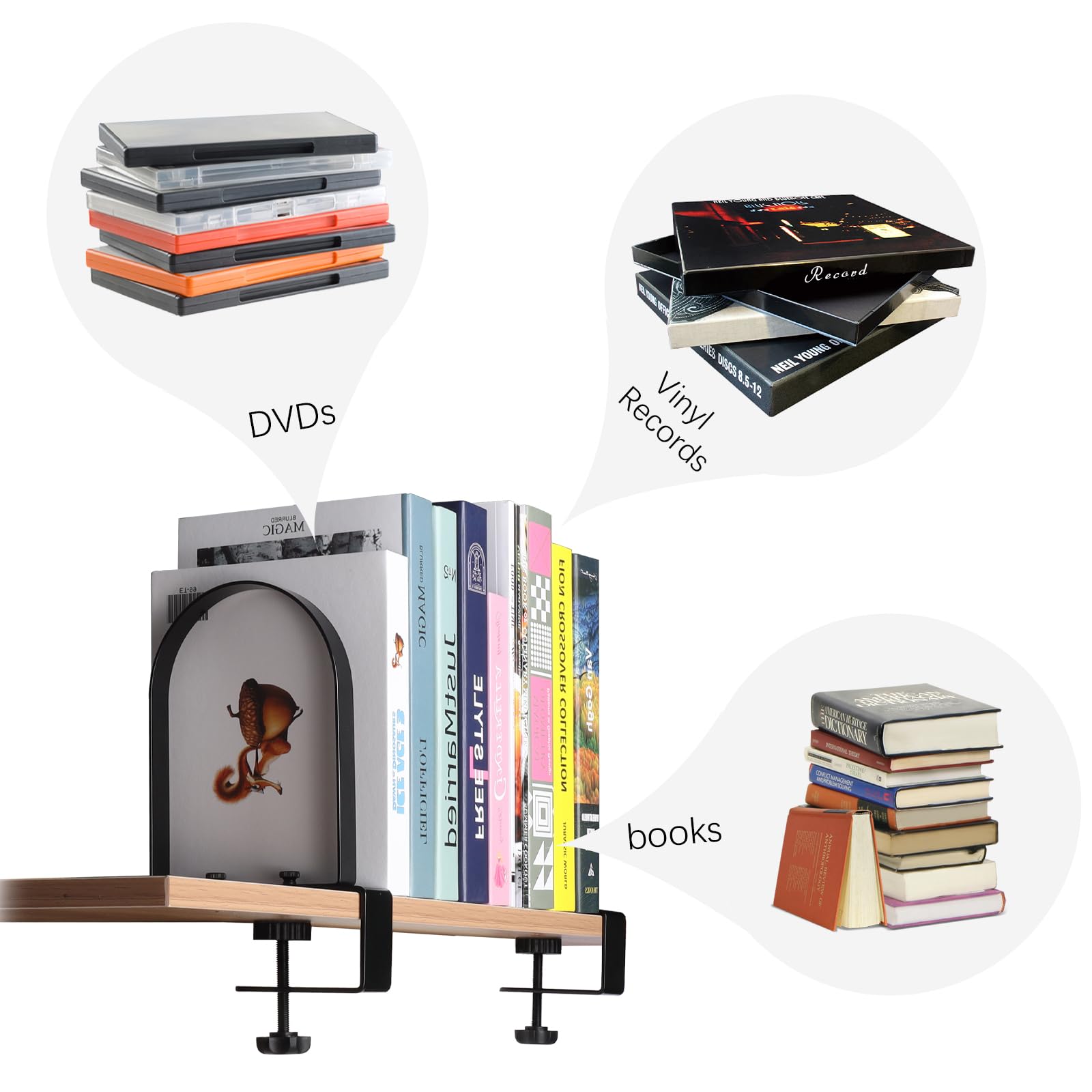 WOMACO Buchstützen für schwere Bücher, robuste Buchstütze für Regale, super stabil, Klemmen, rutschfeste Metall-Bücherregale, Stopper für CDs, Vinyl-Schallplatten (Schwarz, 2 Paar)