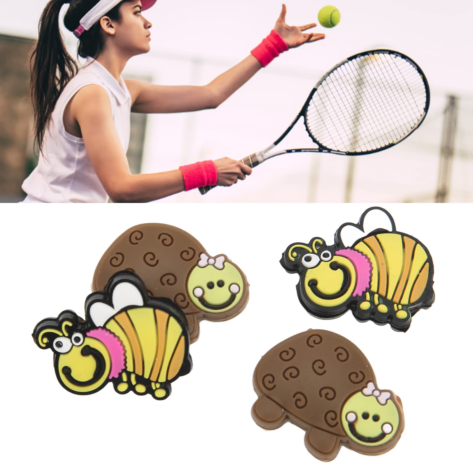 Lwuey Tennis Racket Dampeners, Cartoon Vibrations Dampener Cute Animals Pattern Fun Shocking Absorbers Sports Ball Racquet Take Silica Gel Accessories for Absorber Outdoor 4PCS(Turtle Bee)