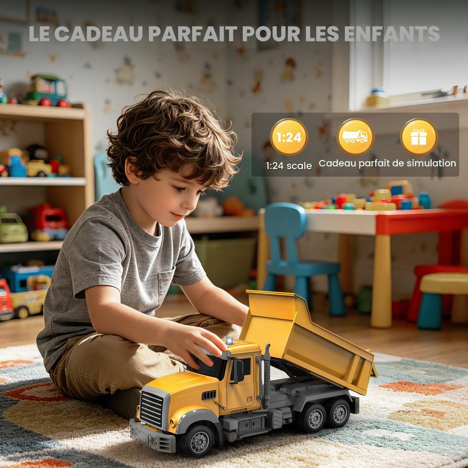 YESHIN Camion benne RC télécommandé 1:24, camion de chantier télécommandé à 6 canaux avec lumière, télécommande 2,4 GHz, benne basculante électrique, véhicule de chantier tout-terrain, jouet pour